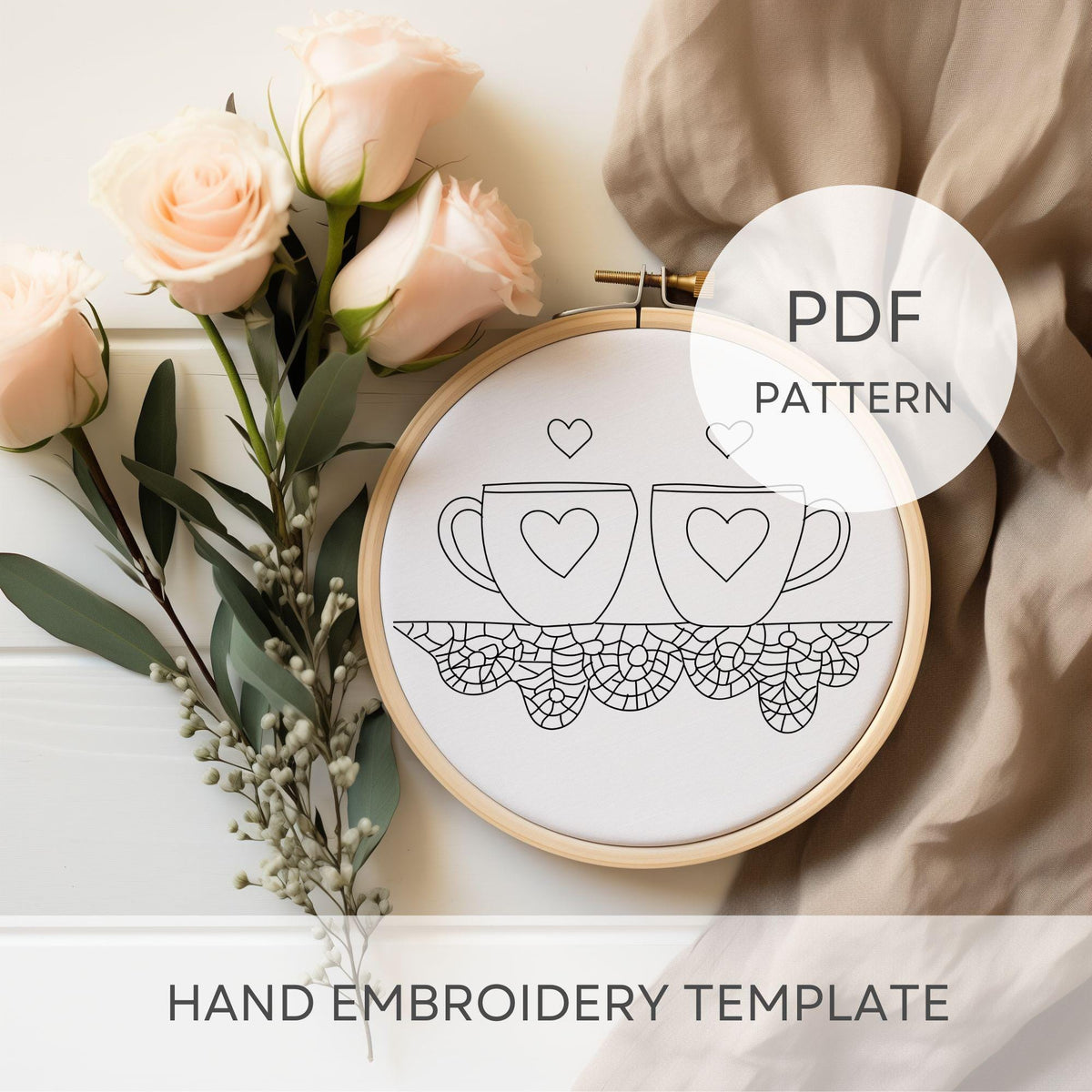 Embroidery Pattern, Cottagecore Embroidery Designs, Cosy Hand Embroidery Template, Kitchen Embroidery File With 2 Coffee Mugs For Beginners