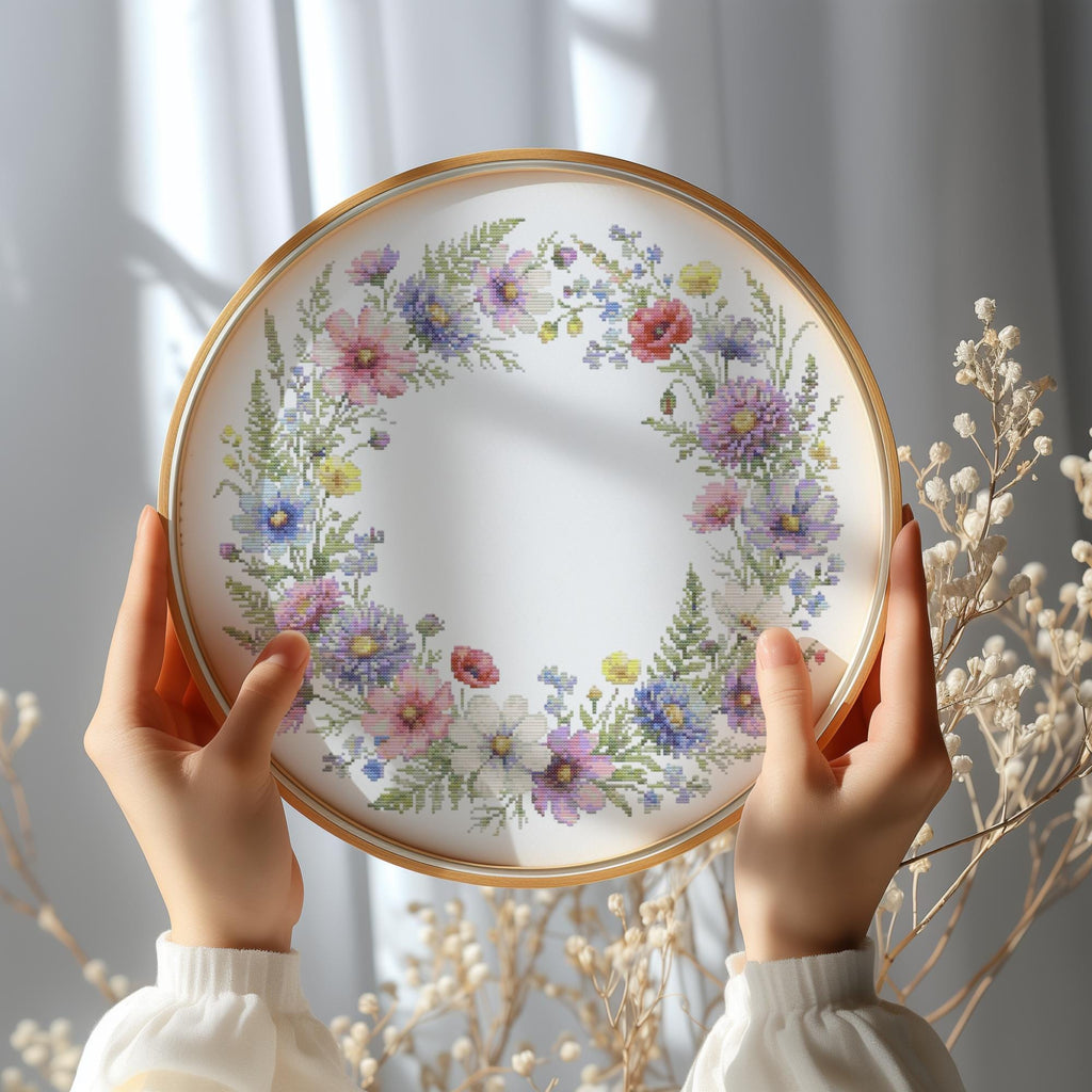 Cross Stitch Pattern With Floral Wreath, Counted Cross Stitch, Watercolor Embroidery PDF, Wildflower Cross Stitch Chart, Mother's Day Gift