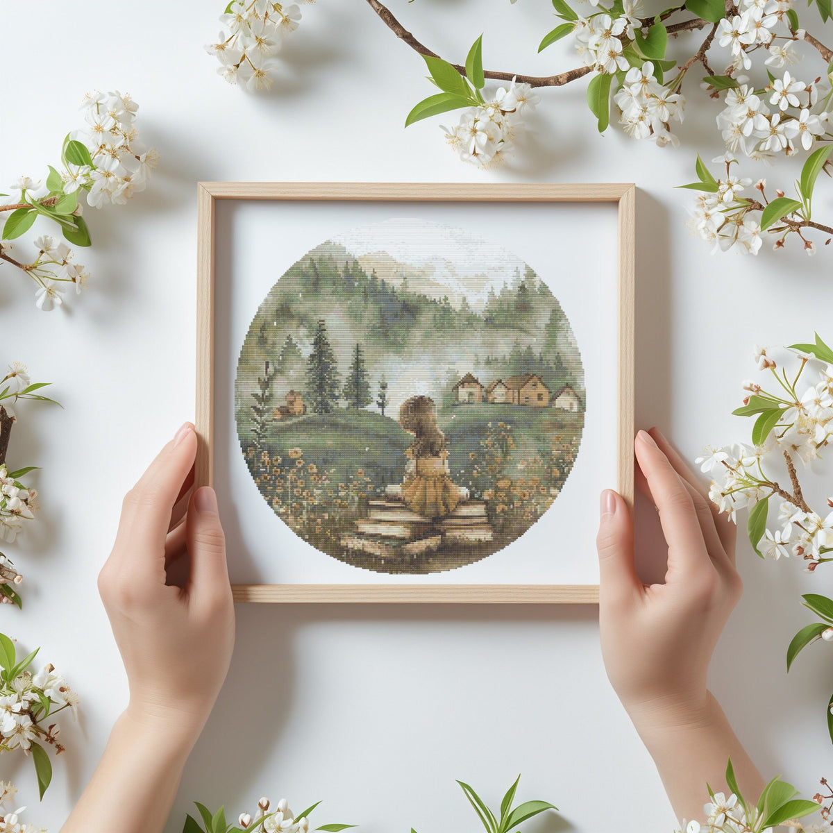 Cross Stitch Pattern With Girl, Books, Counted, Nature Embroidery Designs, Watercolor Cross Stitch Chart, Book Lover Gifts