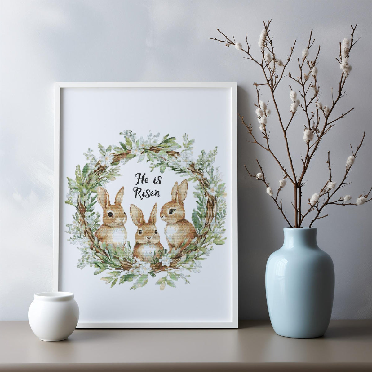 Easter Cross Stitch Pattern With Bunnies Counted He Is Risen Embroidery Pattern Christian Cross Stitch Chart Easter Wreath Cross Stitch Pdf