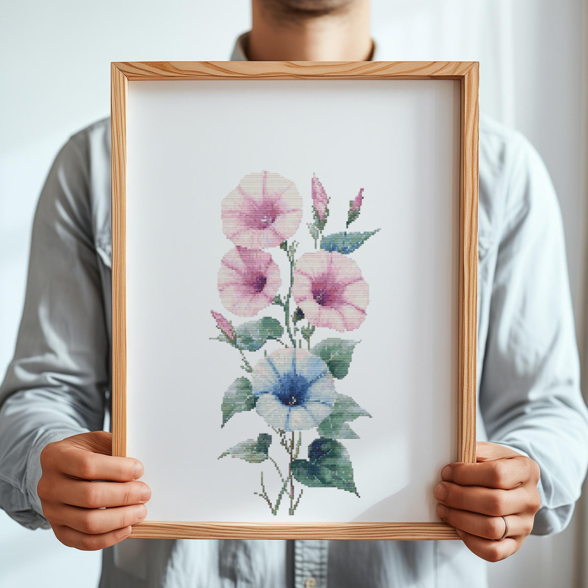 Cross Stitch Pattern With Morning Glory, Counted Cross Stitch Designs, September Birth Flower Embroidery File, Flower Cross Stitch Sampler