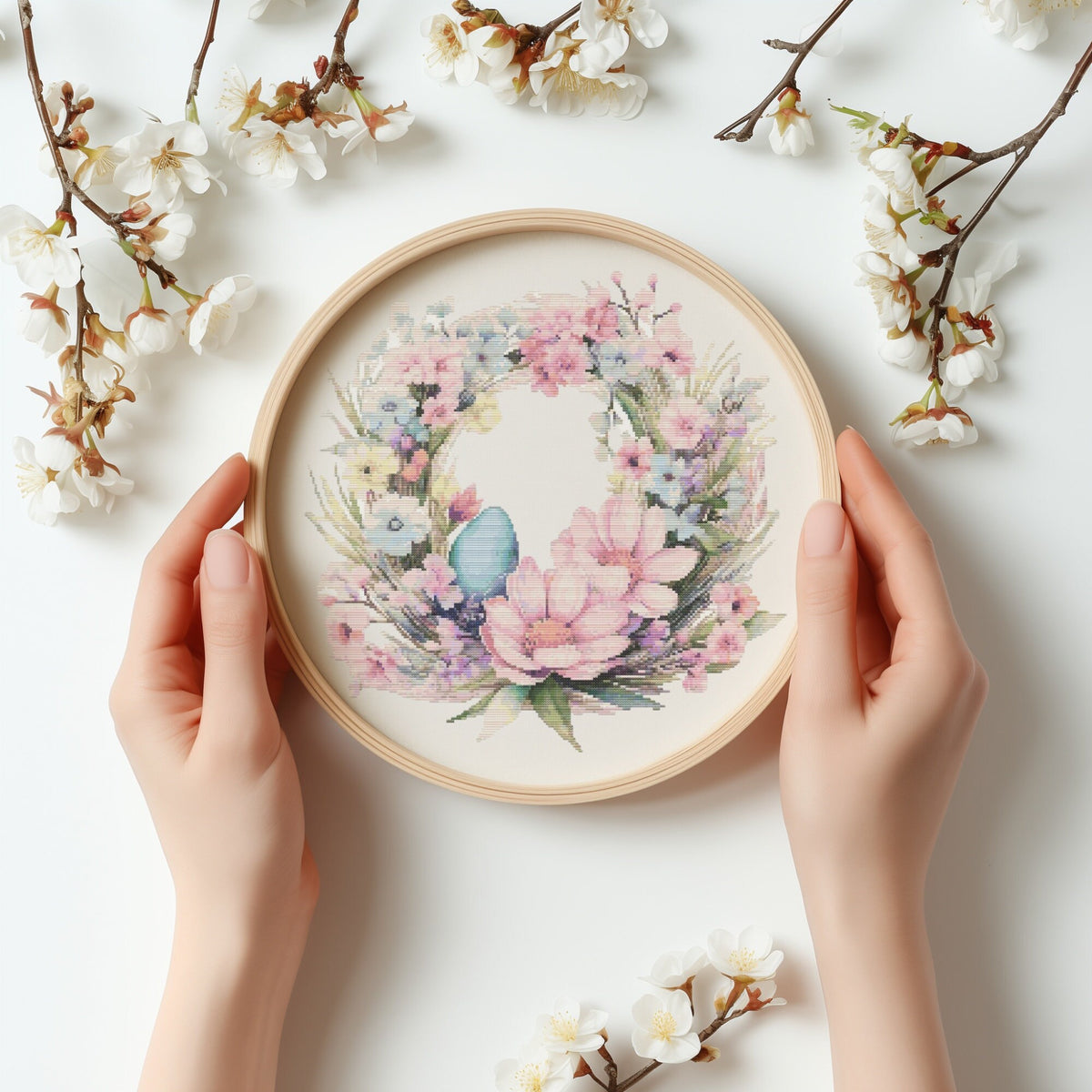 Cross Stitch Pattern With Easter Wreath, Counted Embroidery Pattern, Watercolor Floral Cross Stitch Chart, Spring Flower Cross Stitch Pdf