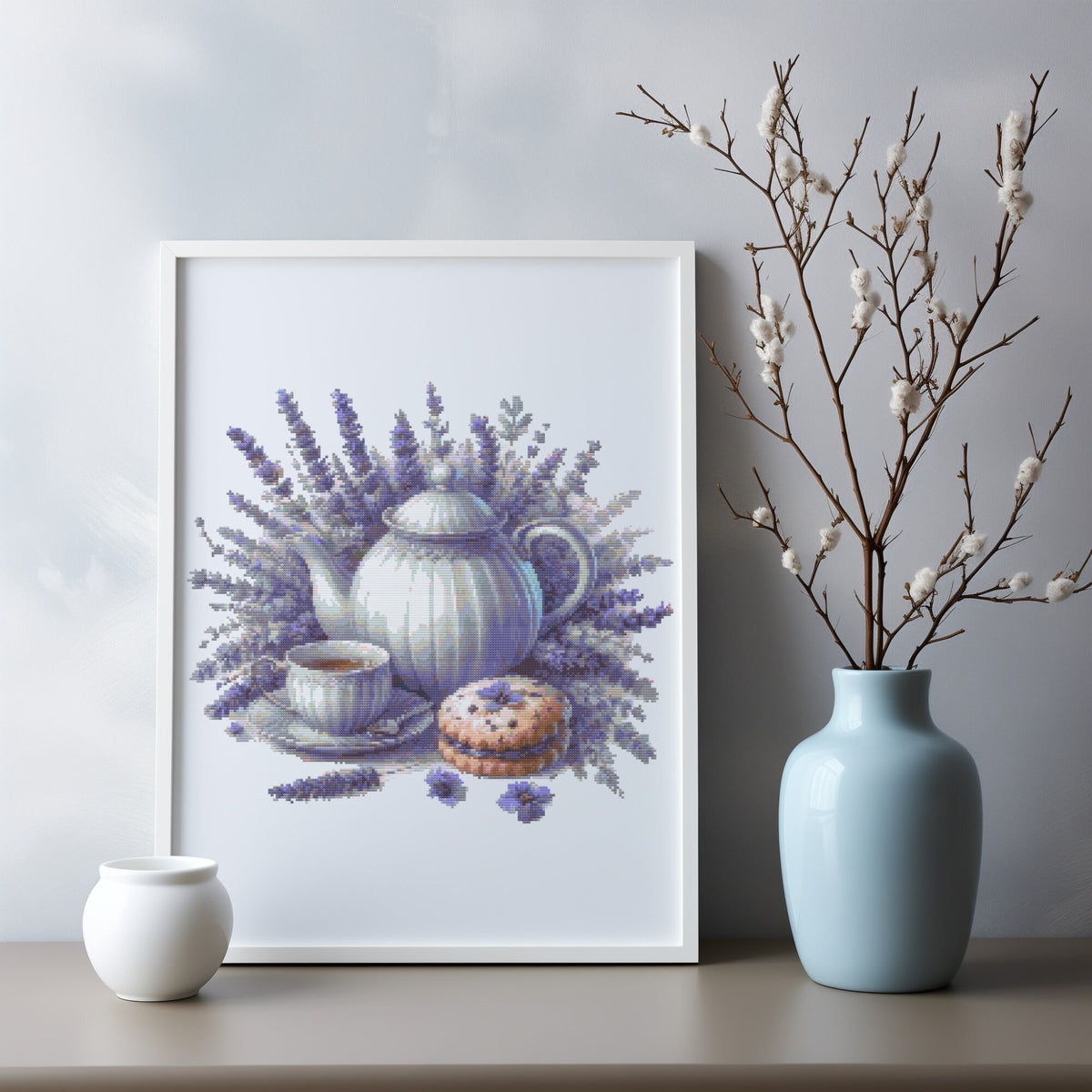 Cross Stitch Pattern With Lavender Tea, Modern Cross Stitch Designs, Embroidery Design, Floral Cross Stitch PDF, Counted Cross Stitch Chart