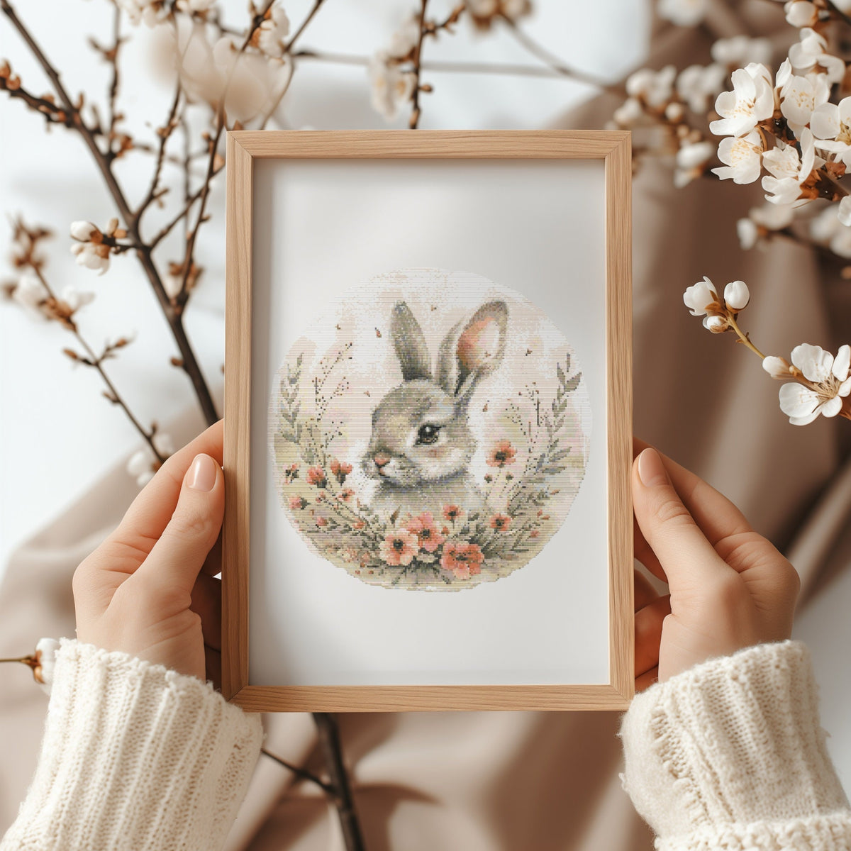 Modern Cross Stitch Pattern With Bunny, Easter Cross Stitch Art, Easter Embroidery Pattern, Spring Cross Stitch Pattern, Floral Pattern