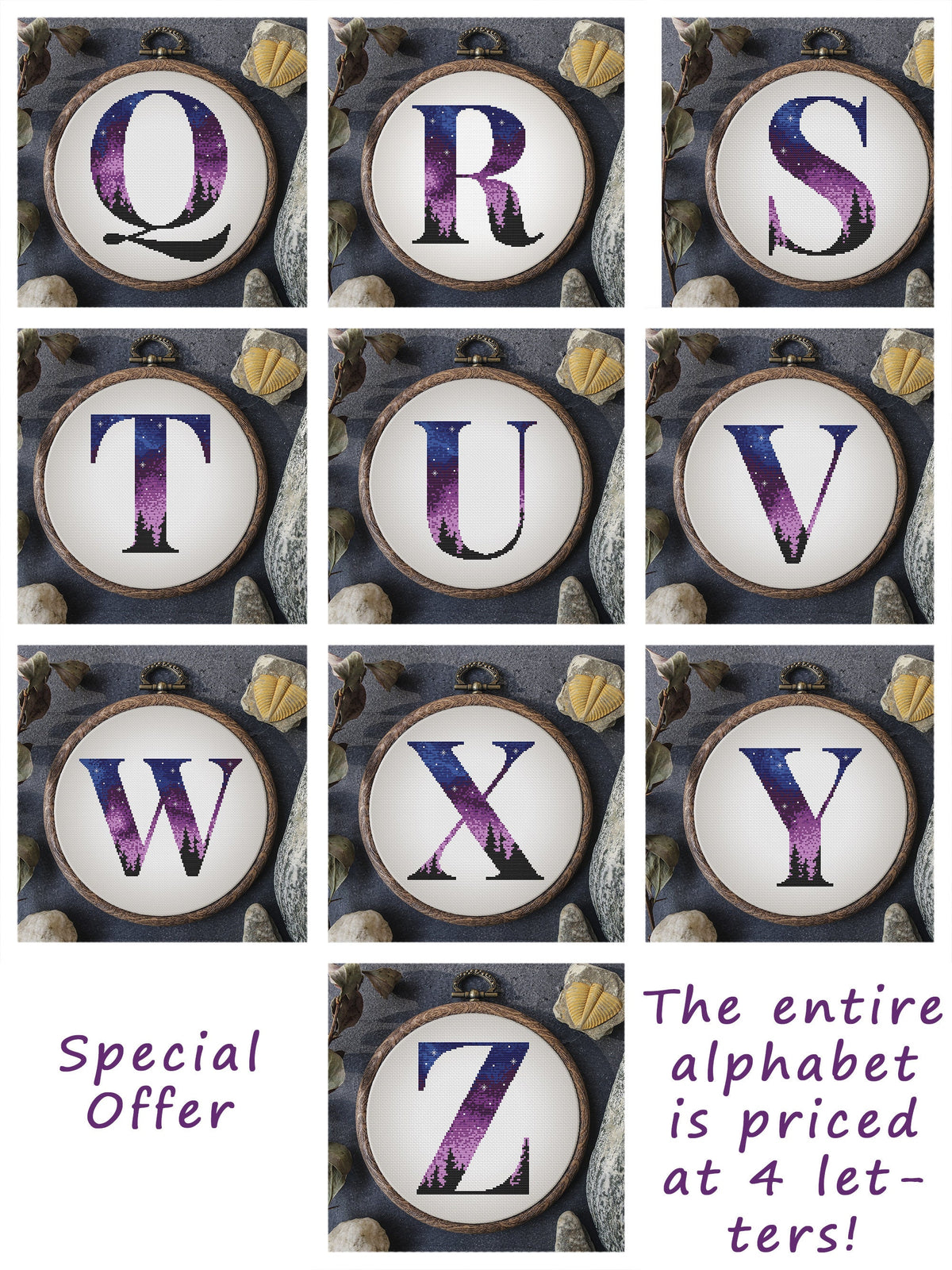 Monogram cross stitch pattern Purple Name embroidery pdf Counted cross stitch alphabet Personalized pattern Digital cross stitch sampler