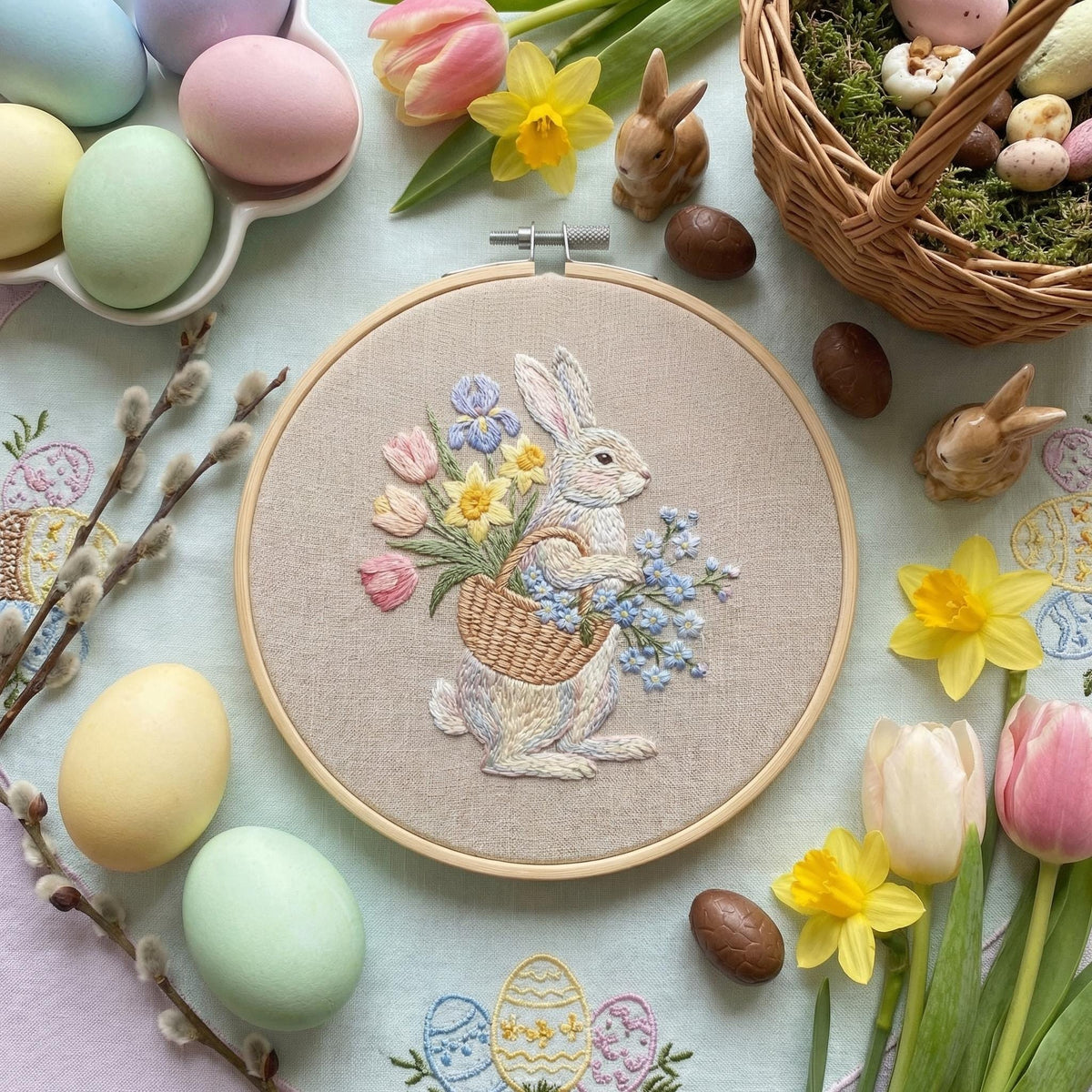 Spring Embroidery Pattern PDF With Bunny, Easter Hand Embroidery Template With Rabbit, Do It Yourself Gifts, Mothers Day Gift For Grandma