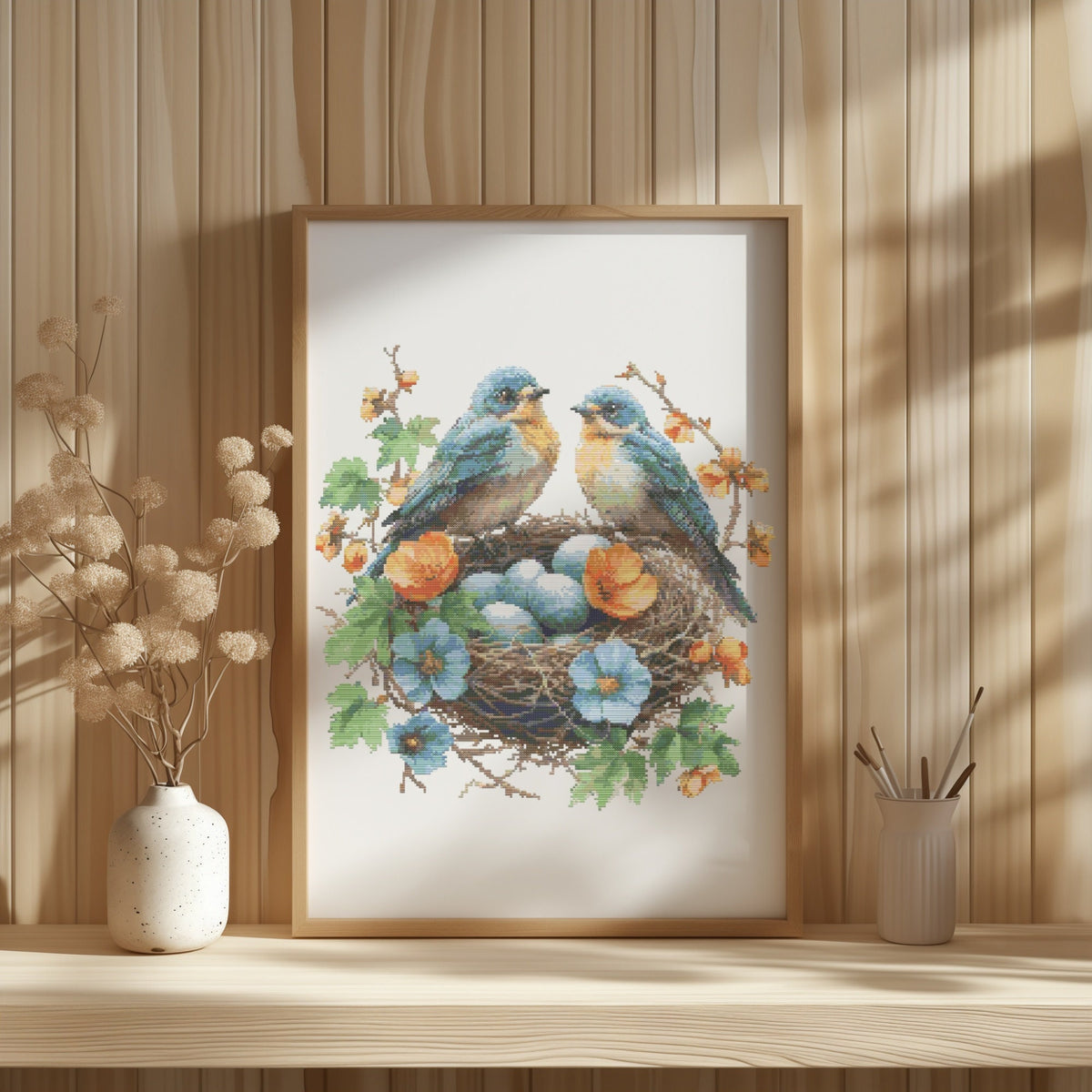 Cross Stitch Pattern Pdf Birds In Nest, Spring Cross Stitch Design, Counted, Floral Embroidery File, Cross Stitch Art, Gift For Grandma