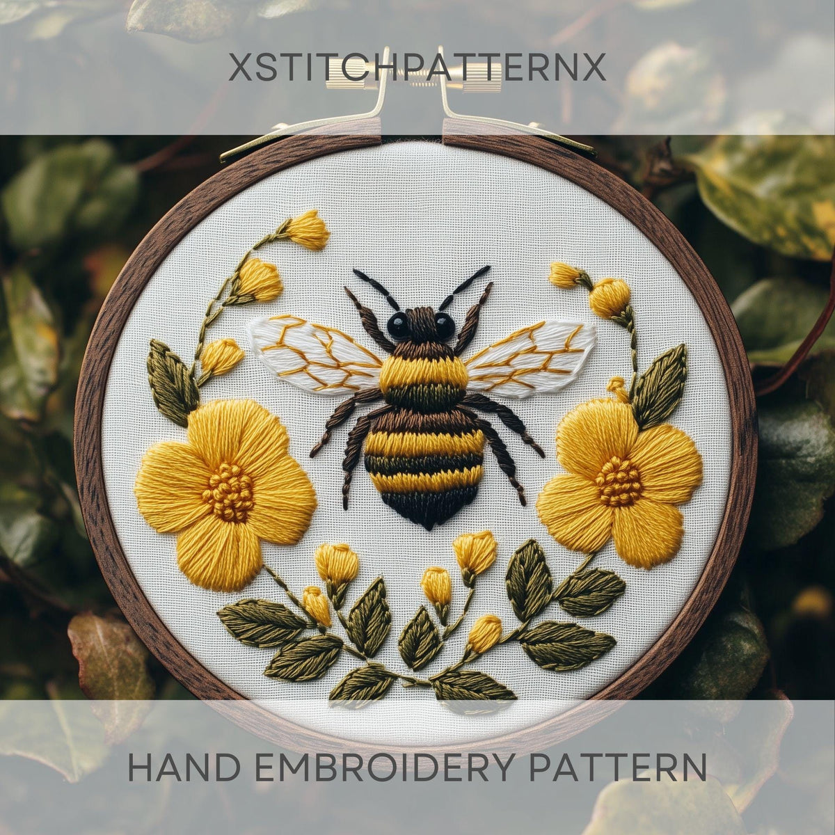Embroidery Pattern With Bee, Flowers, Floral Embroidery Design, Hand Embroidery Template For Beginners, Cottagecore Decor, Bee Keeper Gifts