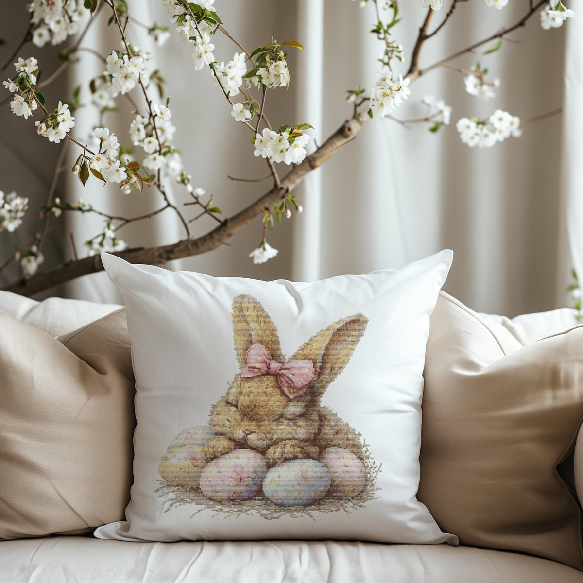 Easter Cross Stitch Pattern With Cute Rabbit, Counted Cross Stitch Designs, Hare Embroidery Pattern, Spring Cottagecore Home Decor