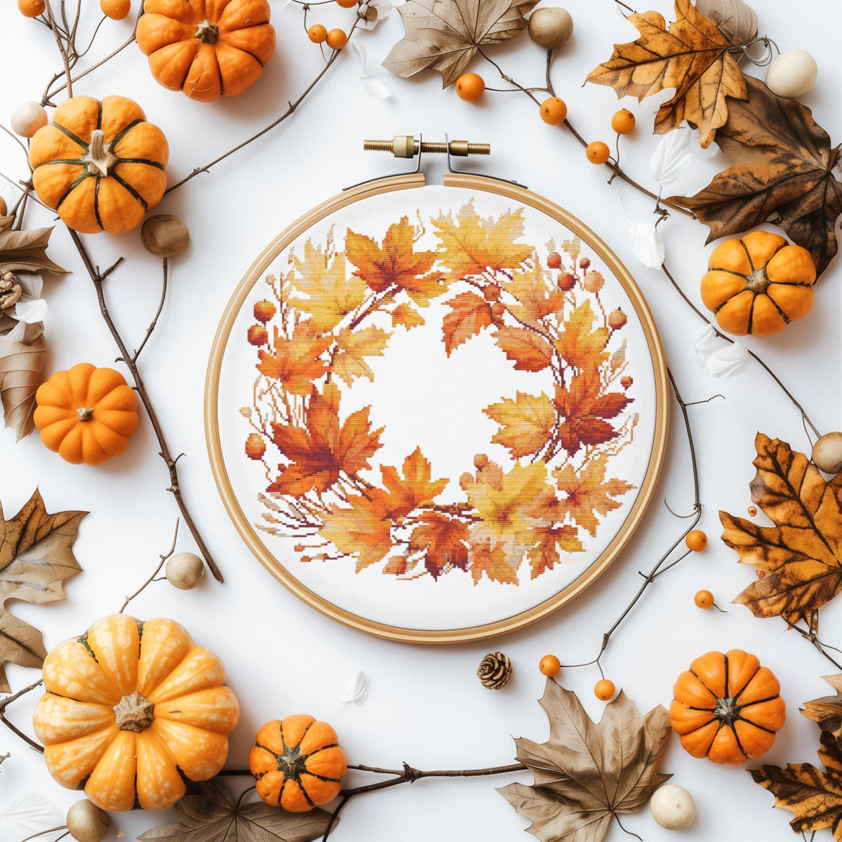 Cross Stitch Pattern With Fall Flowers Counted Autumn Embroidery Pattern Fall Floral Wreath Cross Stitch Chart Modern Cross Stitch Art