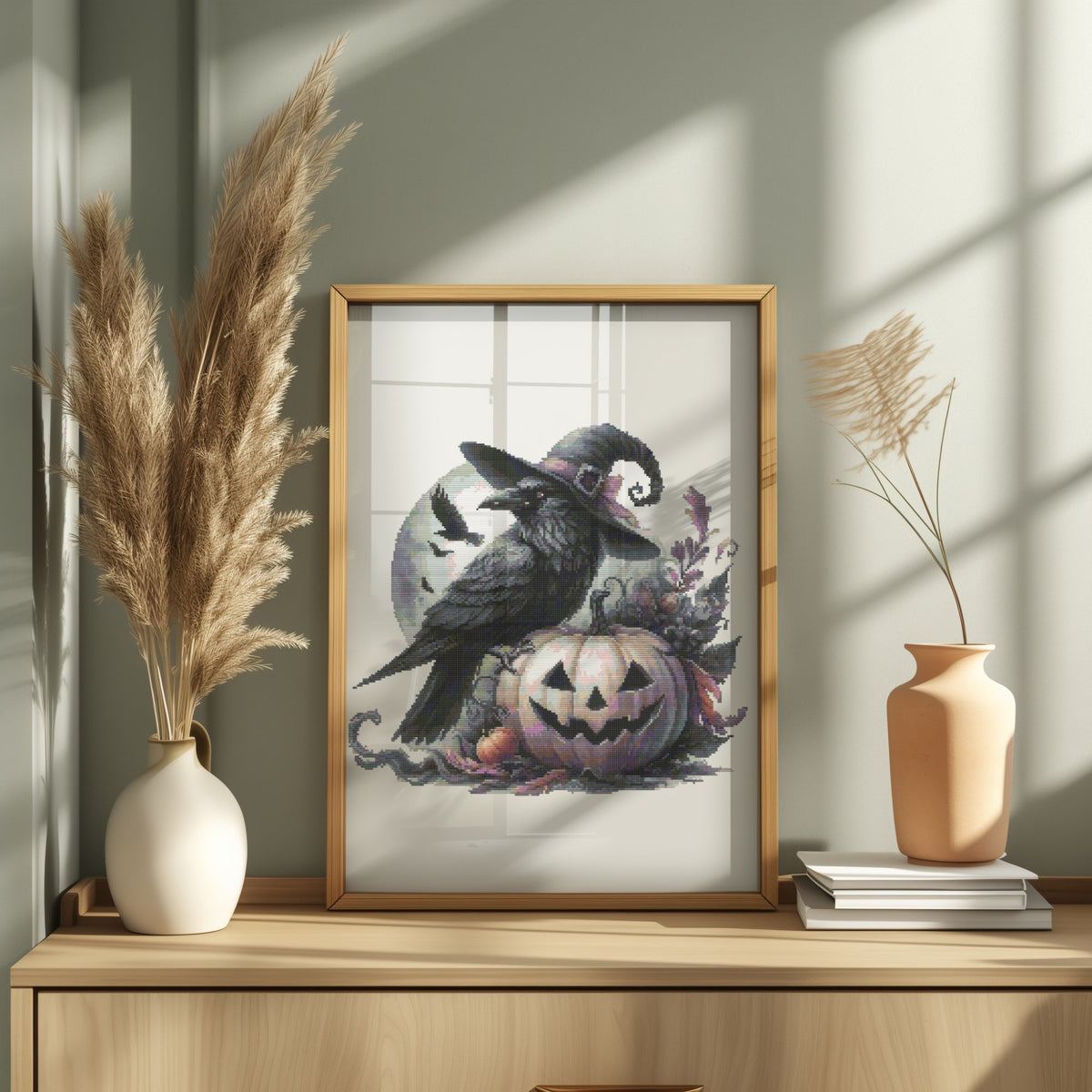 Halloween Cross Stitch Pattern With Fairytale Raven, Counted, Spooky Pumpkin Embroidery Designs, Fall Cross Stitch Art, Instant Downoads