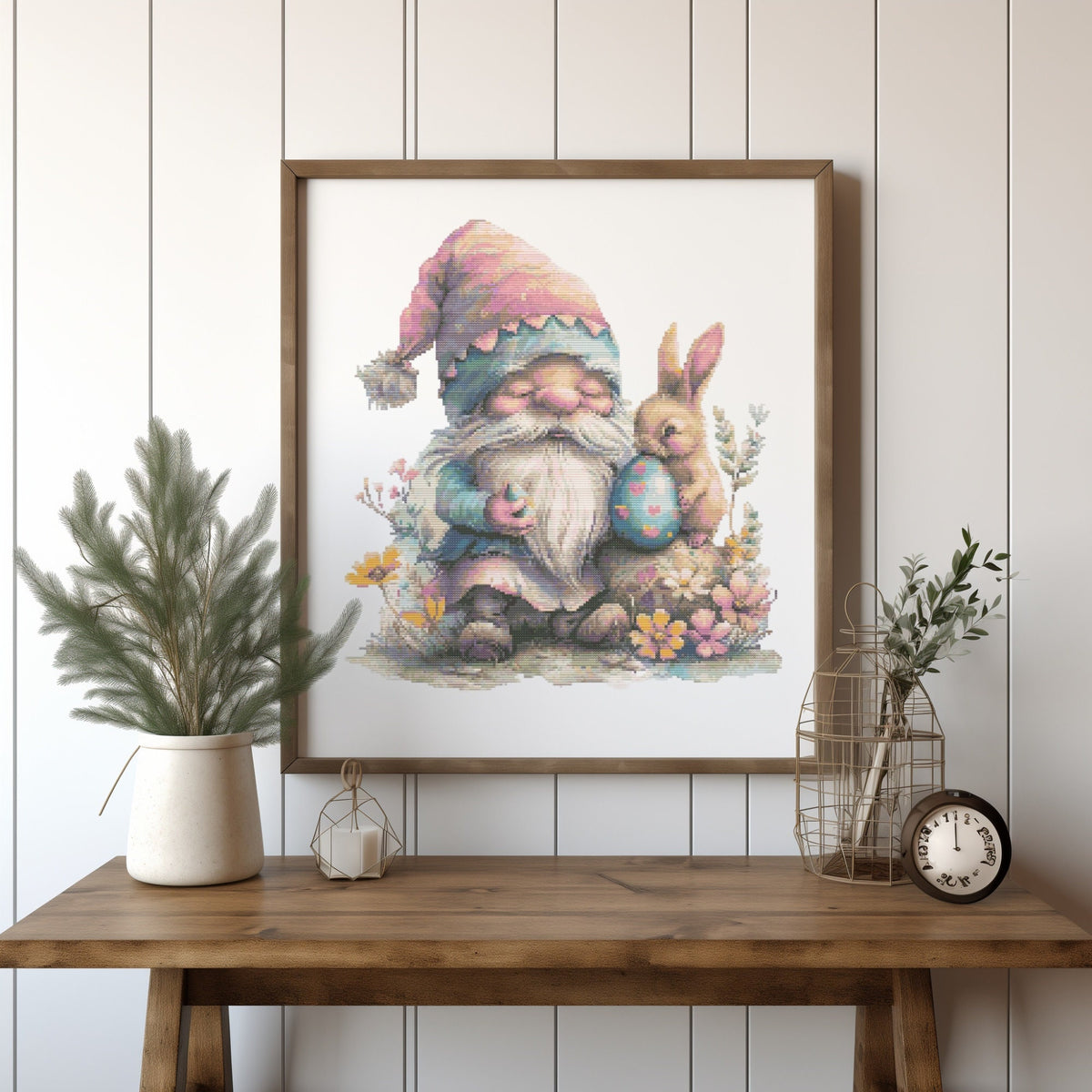 Cross Stitch Pattern With Easter Gnome And Bunny, Floral, Spring Cross Stitch Chart, Easter Embroidery Design, Counted Cross Stitch Pattern