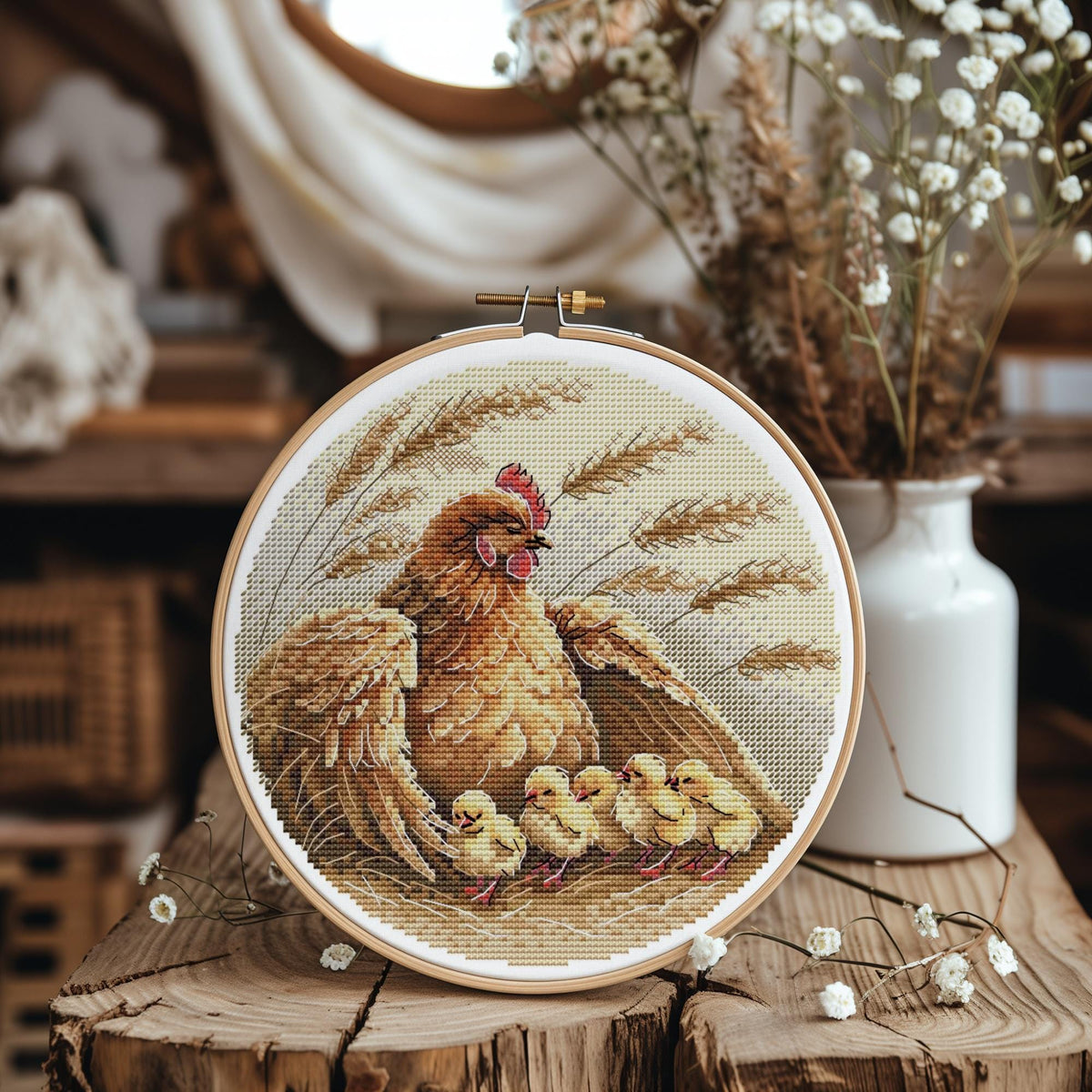 Cross Stitch Pattern With Hen Chickens Cottagecore Cross Stitch Designs Modern Farm Cross Stitch Charts Counted Farm Embroidery Patterns