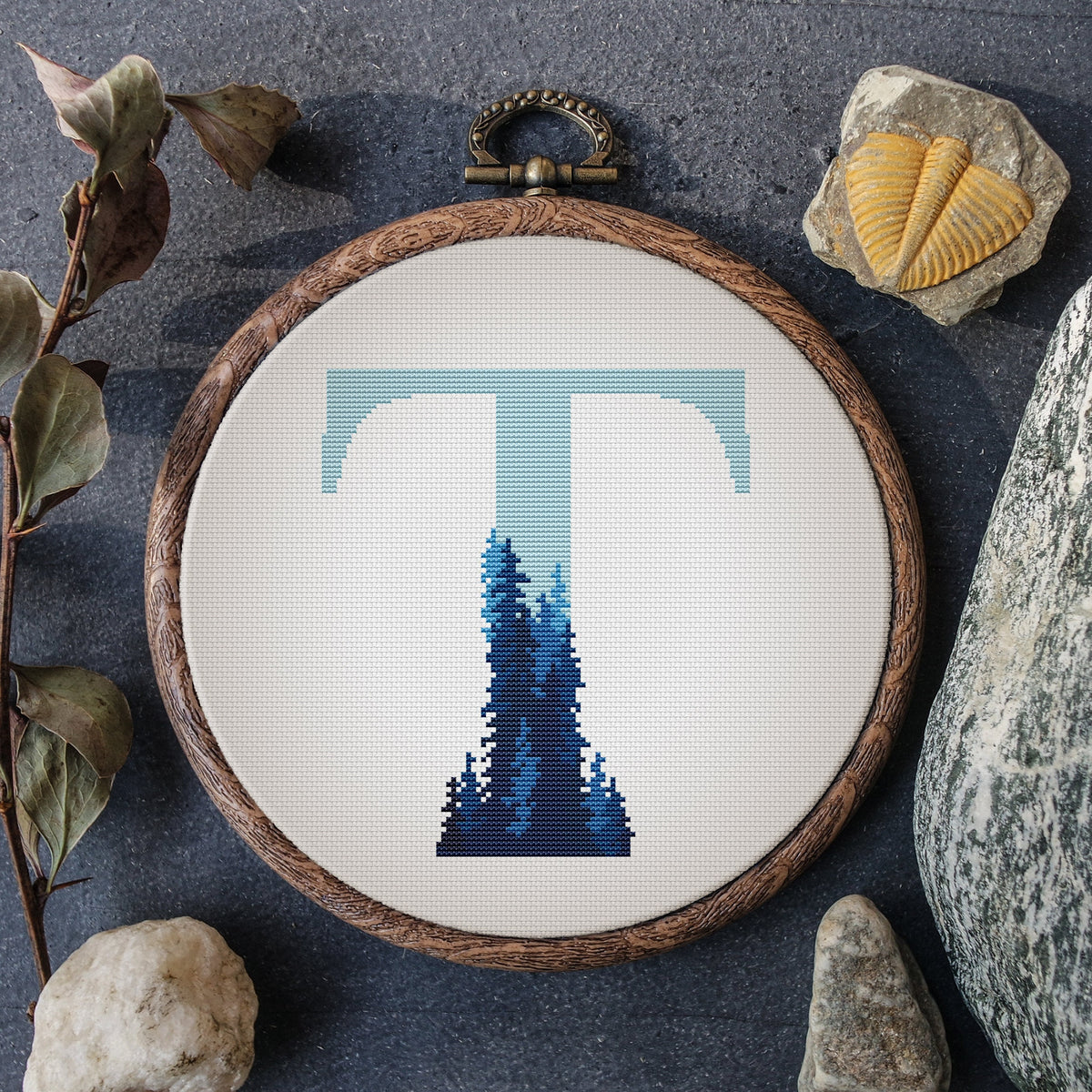 Counted Cross Stitch Pattern With Blue Letter T, Custom Name Cross Stitch Chart, Forest Embroidery Pattern, Personalized Christmas Gifts