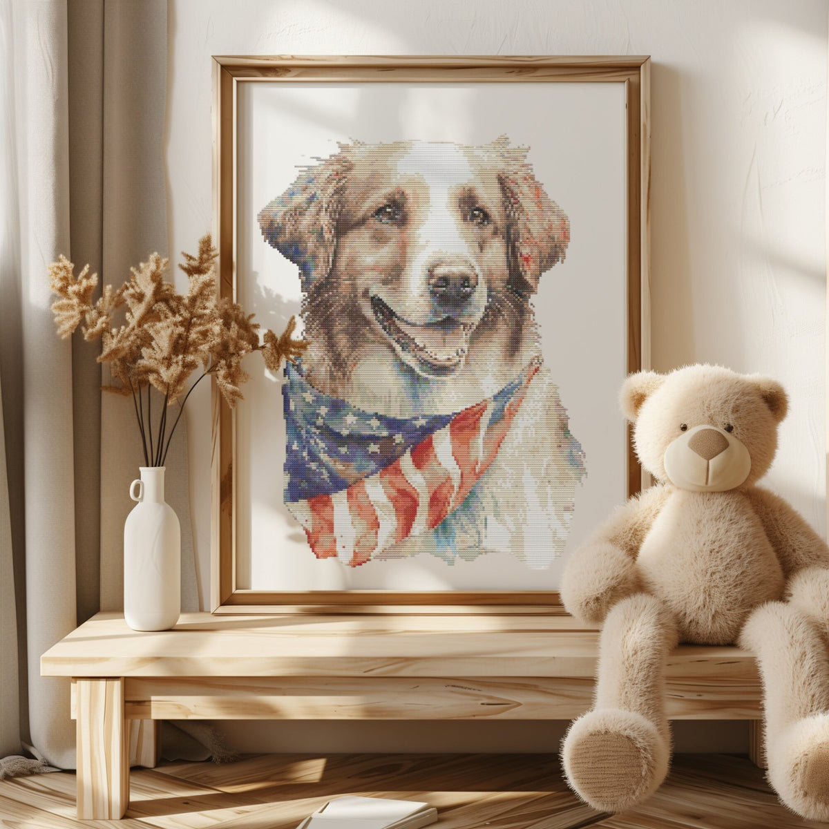 Patriotic Cross Stitch Pattern PDF With Retriever, 250 Years Independence Cross Stitch Design With US Flag, Counted Cross Stitch Chart