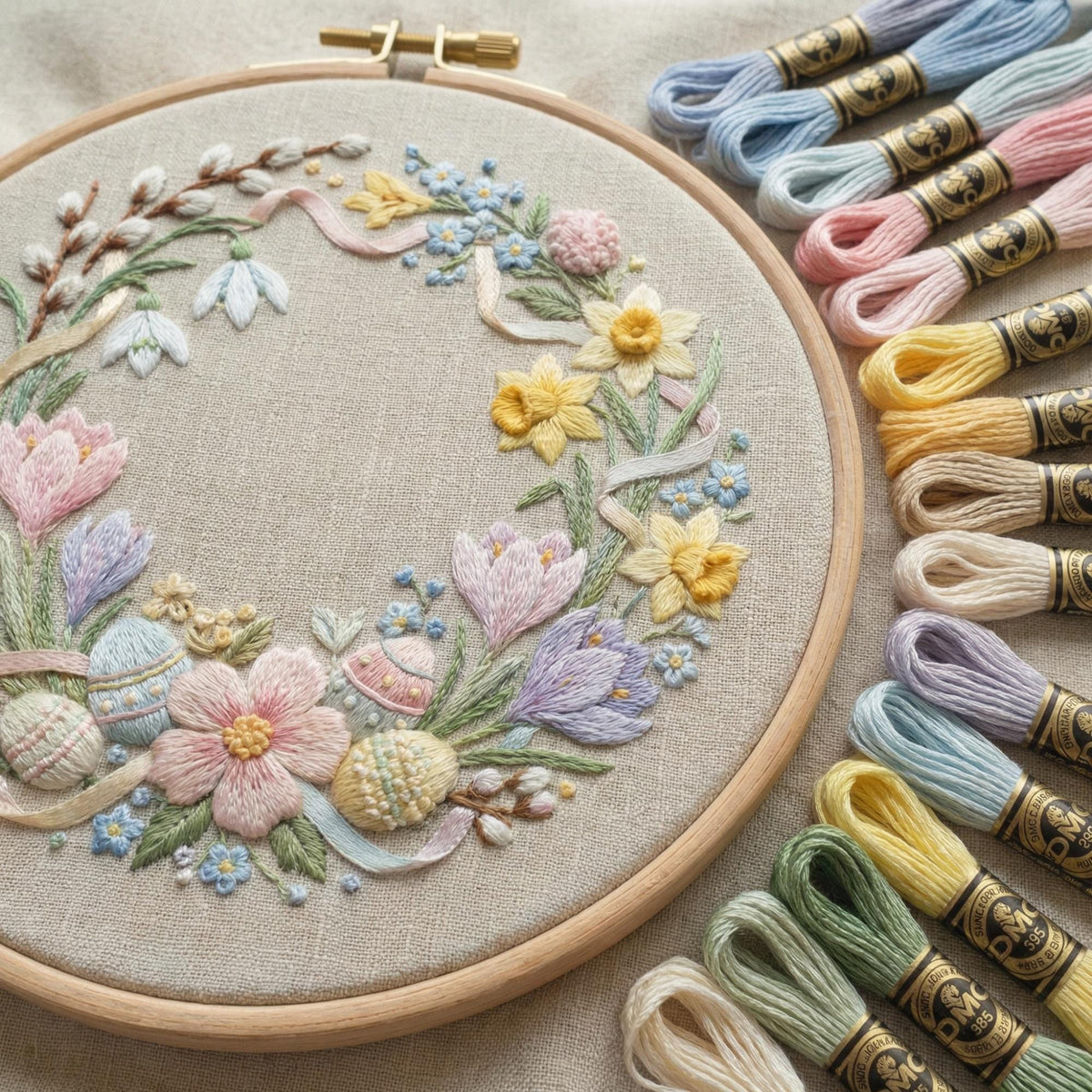 Easter Embroidery Pattern PDF With Floral Wreath, Eggs, Spring Hand Embroidery Template, Do It Yourself Gifts, Happy Easter Gift For Grandma