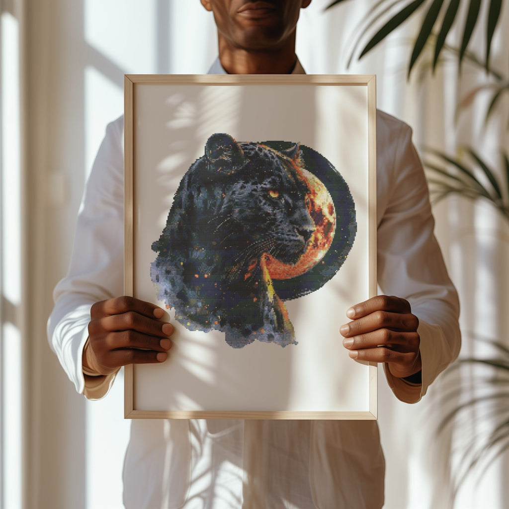 Cross Stitch Pattern With Black Cougar, Counted Cross Stitch Chart, Panther Cross Stitch Designs, Embroidery Patterns, Cross Stitch Art