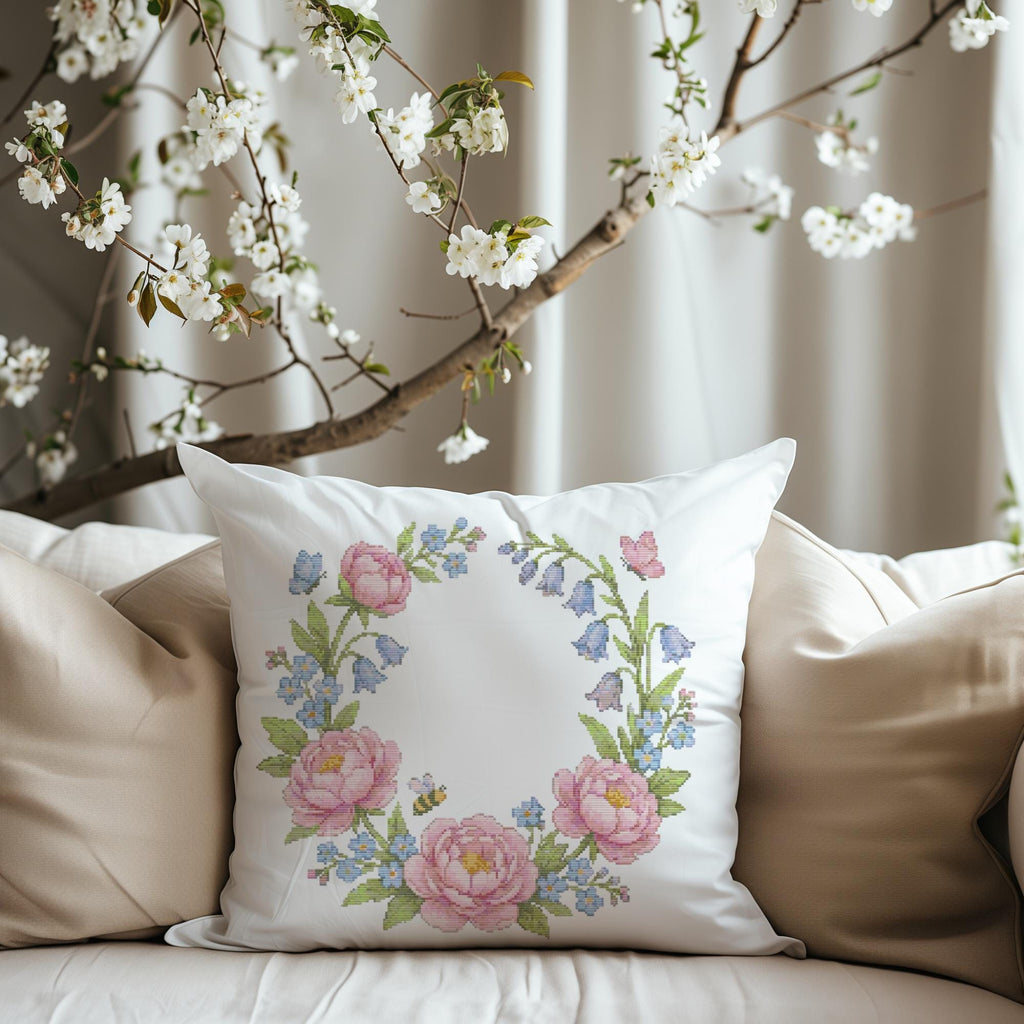 Cross Stitch Pattern PDF With Floral Wreath, Counted Embroidery Pattern, Watercolor Flower Cross Stitch Chart, Unique Mother's Day Gifts
