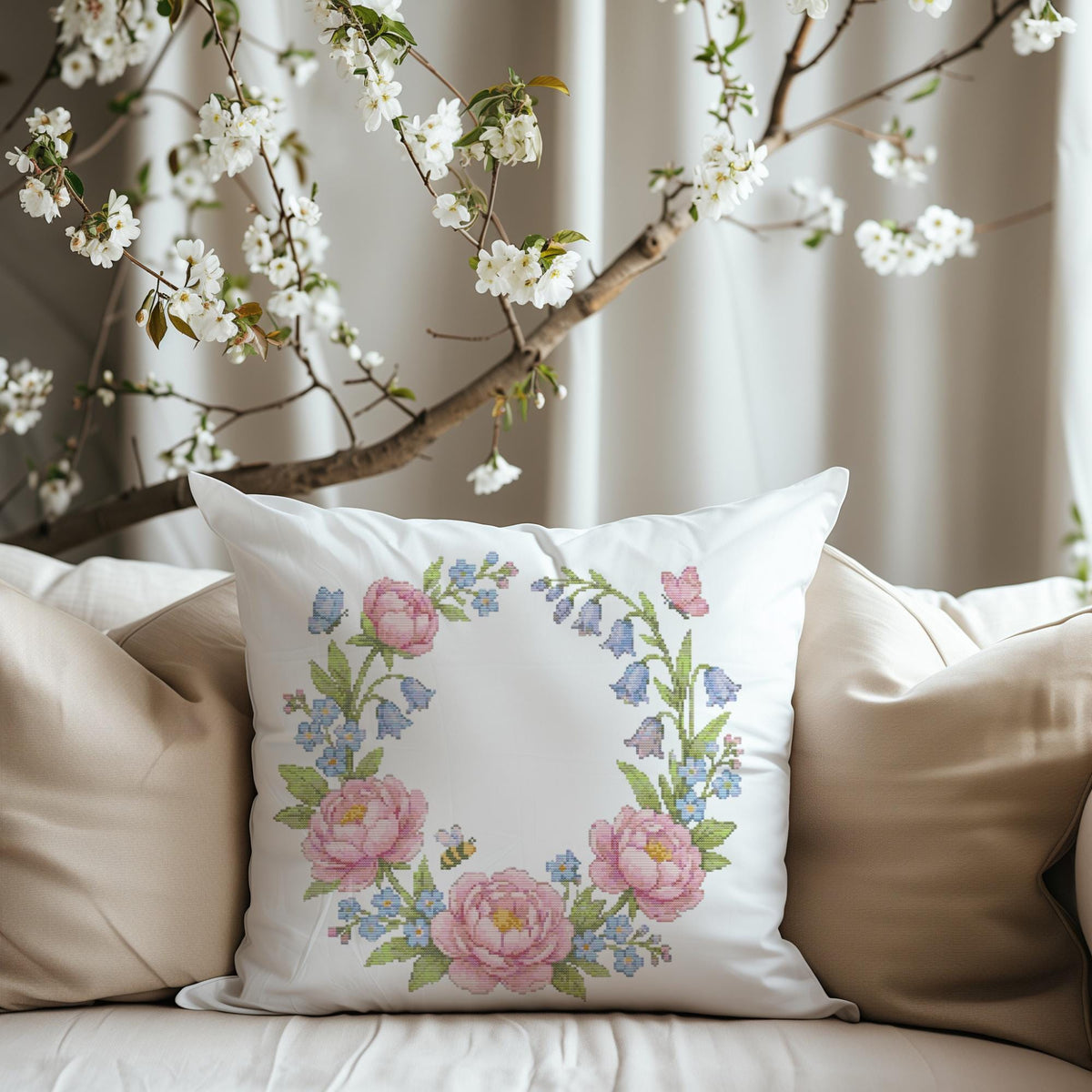 Cross Stitch Pattern PDF With Floral Wreath, Counted Embroidery Pattern, Watercolor Flower Cross Stitch Chart, Unique Mother's Day Gifts