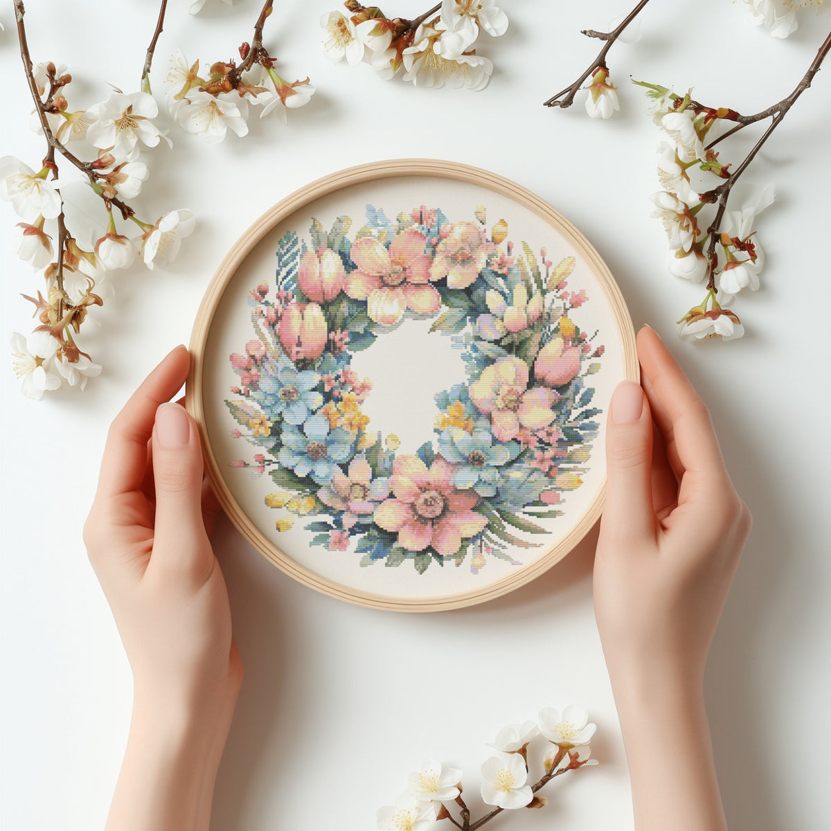 Cross Stitch Pattern With Floral Wreath, Modern Cross Stitch Designs, Embroidery Design, Spring Cross Stitch Chart, Christmas Gift For Mom