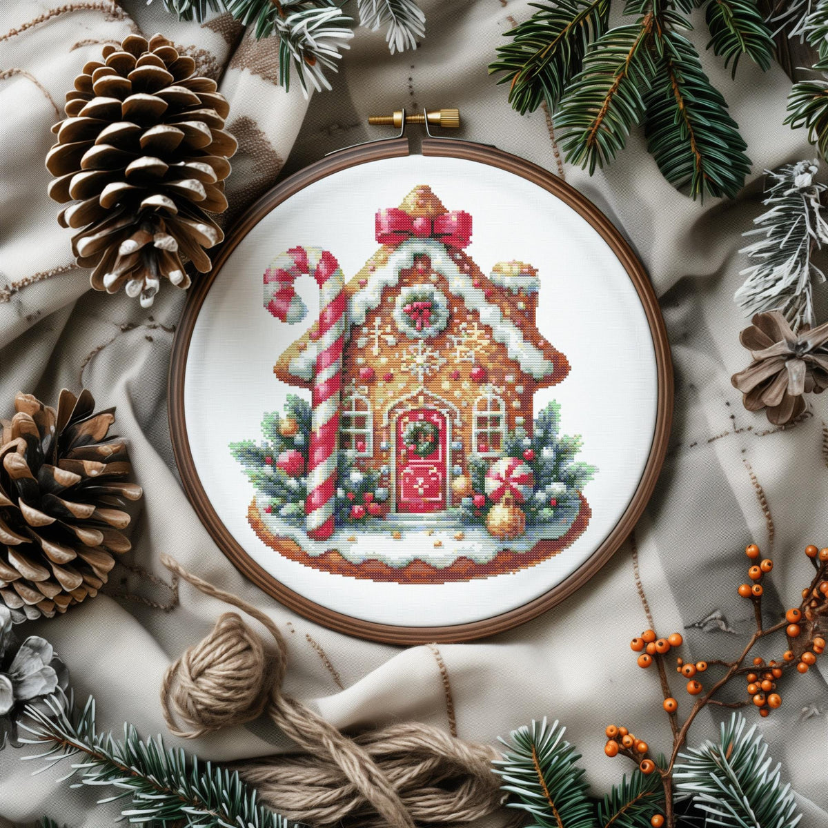 Christmas Cross Stitch Pattern With Gingerbread House, Counted, Winter Embroidery Designs, Digital Downloads