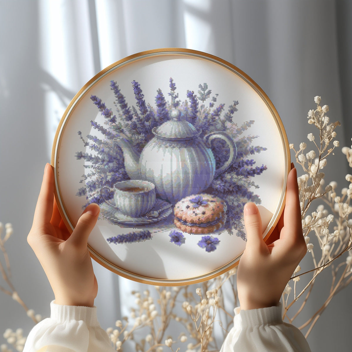 Cross Stitch Pattern With Lavender Tea, Modern Cross Stitch Designs, Embroidery Design, Floral Cross Stitch PDF, Counted Cross Stitch Chart