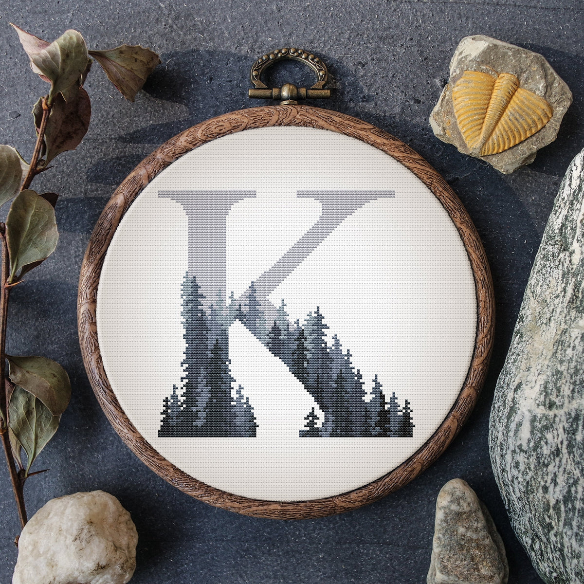 Modern Monogram Cross Stitch Pattern, Forest Embroidery Pattern, Customisable Letter Cross Stitch Chart, Easy Cross Stitch For Beginners