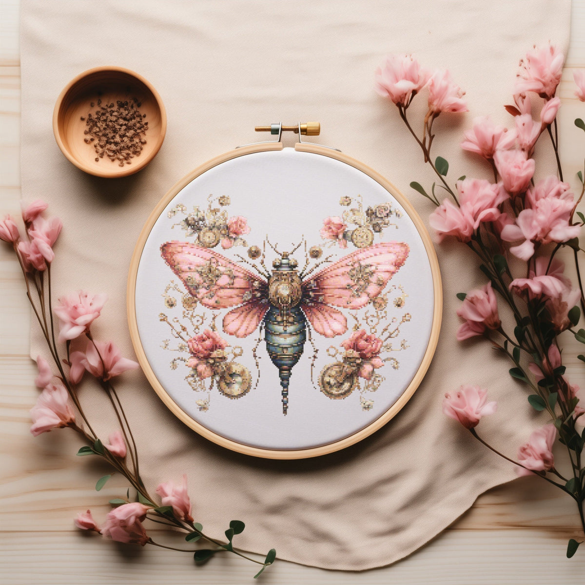 Mom Cross Stitch Pattern With Butterfly, Pink Flowers Embroidery Pattern, Steampunk Insects Cross Stitch Chart, Counted, Mother's Day Gift