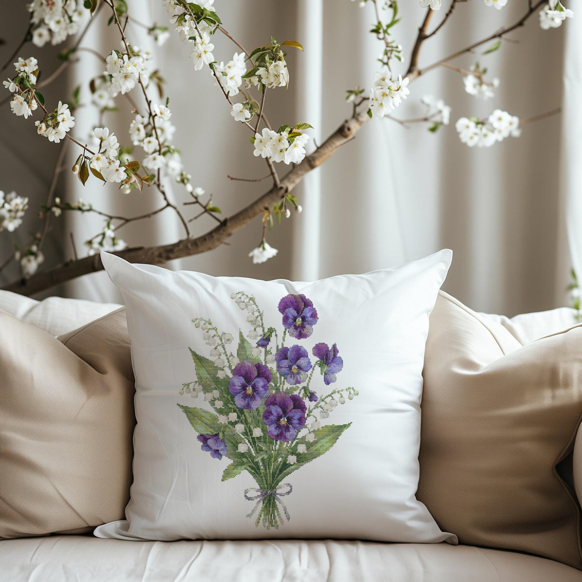 Cross Stitch Pattern With Violets, Lily Of The Valley, Counted Cross Stitch Design, Flower Embroidery Designs, Birth Flower Cross Stitch Art