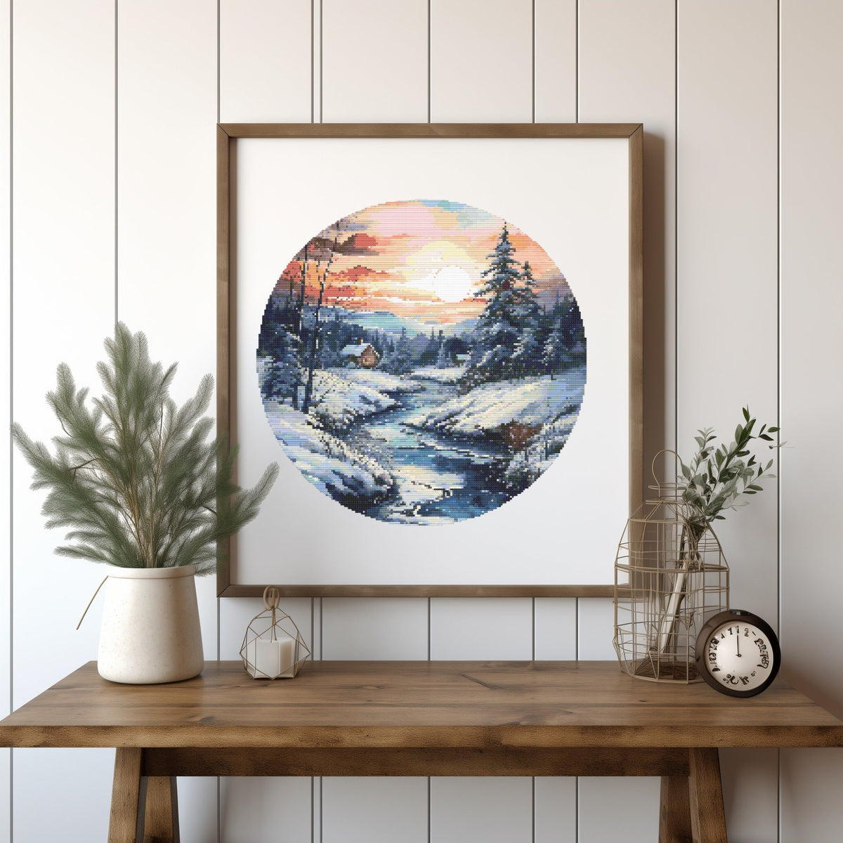 Nature Cross Stitch Pattern With Winter River, Counted, Landscape Cross Stitch Designs, Digital Downloads