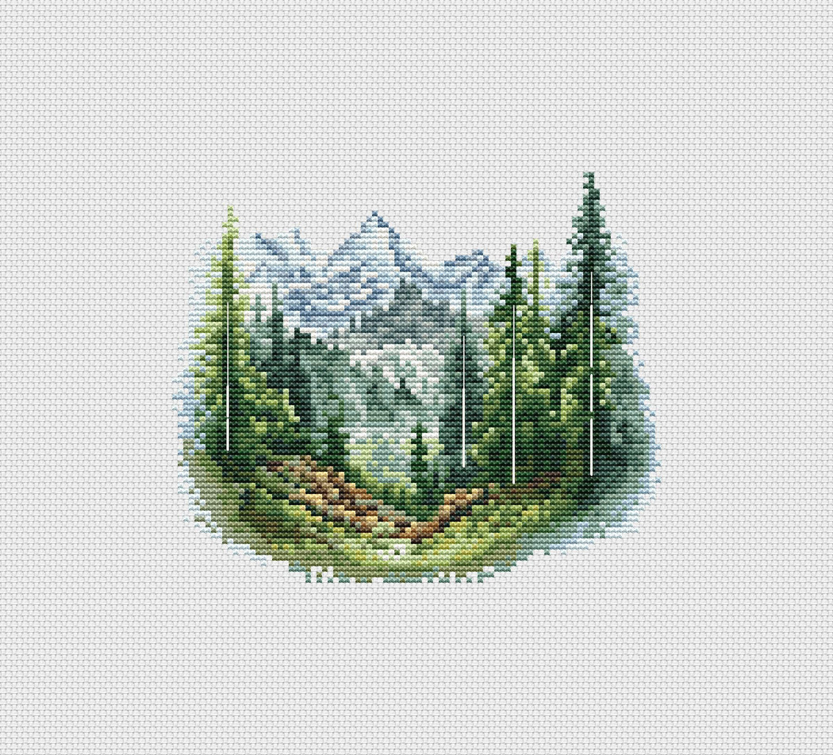 Forest Cross Stitch Pattern With Mountains, Counted Cross Stitch Designs, Nature Embroidery PDF, Easy Cross Stitch, DIY Gifts
