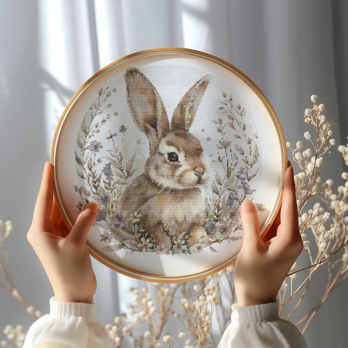 Cross Stitch Pattern With Easter Bunny, Modern Cross Stitch Designs, Easter Embroidery Pattern, Spring Cross Stitch Pattern, Floral Pattern