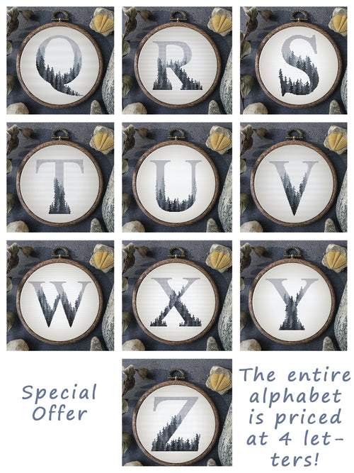 Alphabet Cross Stitch PDF Gray Letters Embroidery Pattern Counted Foggy Forest Initials Digital Digitals