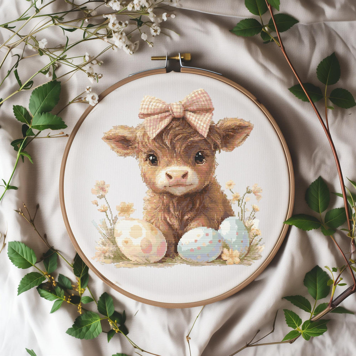 Easter Cross Stitch Pattern With Highland Cow Cottagecore Cross Stitch Design Happy Easter Embroidery Pattern PDF Spring Cross Stitch Chart