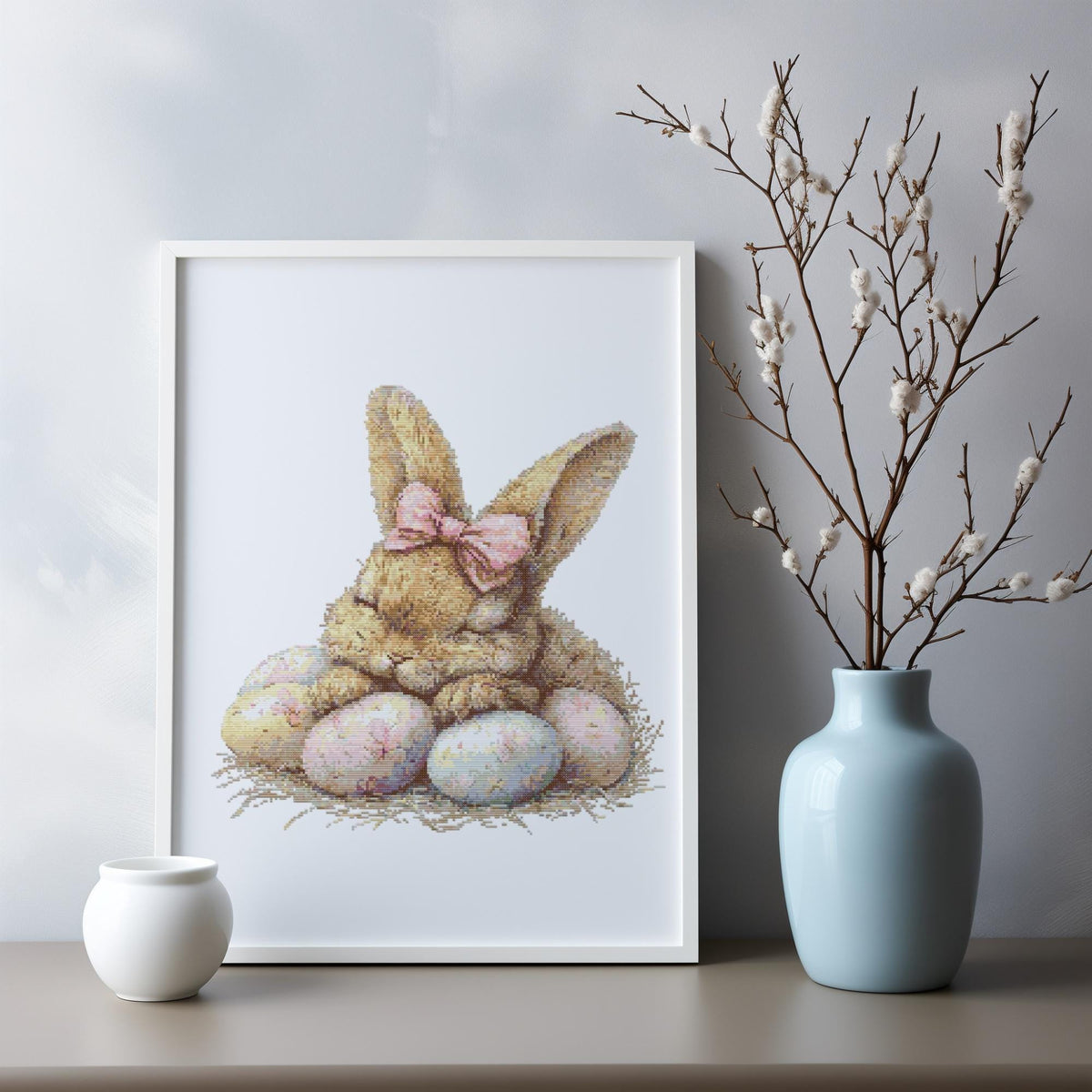 Easter Cross Stitch Pattern With Cute Rabbit, Counted Cross Stitch Designs, Hare Embroidery Pattern, Spring Cottagecore Home Decor