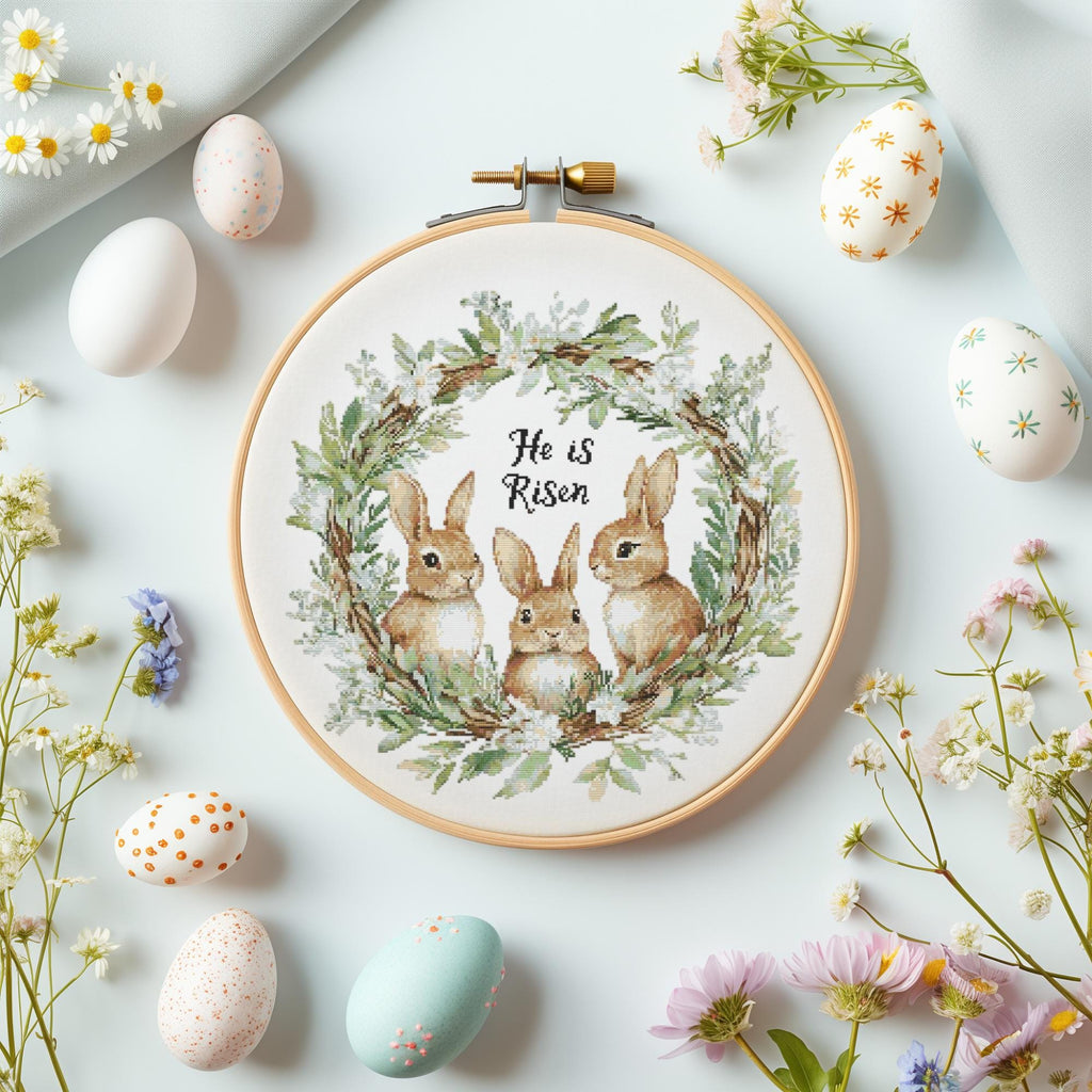 Easter Cross Stitch Pattern With Bunnies Counted He Is Risen Embroidery Pattern Christian Cross Stitch Chart Easter Wreath Cross Stitch Pdf