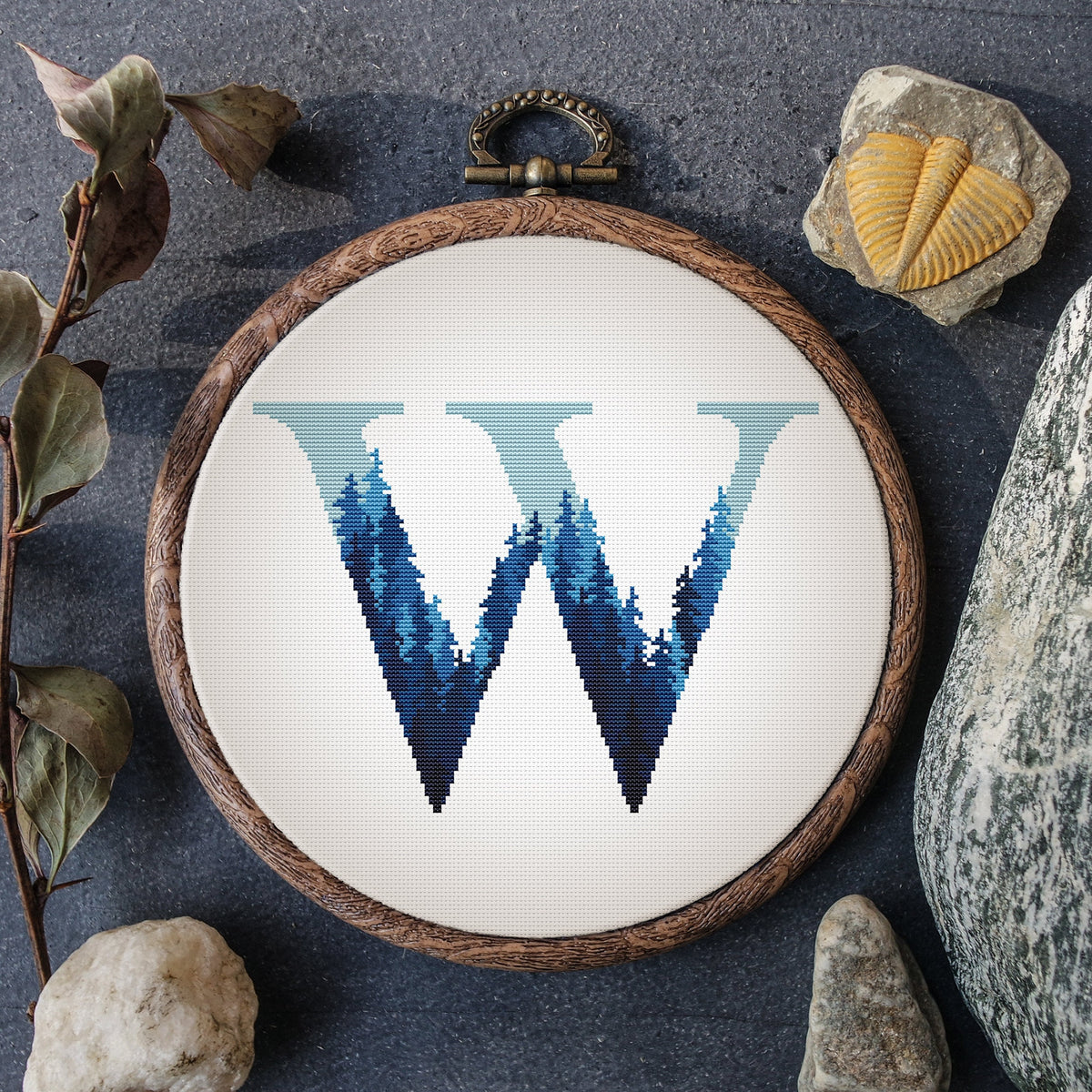 Forest Alphabet Cross Stitch Pattern Counted Blue Letters Cross Stitch Chart Name Embroidery With Trees Digital Downloads
