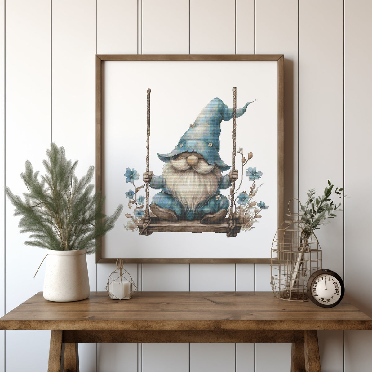 Cross Stitch Pattern With Gnome, Modern Cross Stitch Chart With Blue Flowers, Counted, Mother's Day Embroidery Pattern, Instant Downloads
