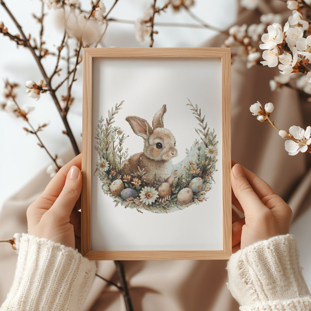 Cross Stitch Pattern With Easter Bunny, Modern Cross Stitch Designs, Easter Embroidery Pattern, Spring Cross Stitch Pattern, Floral Pattern