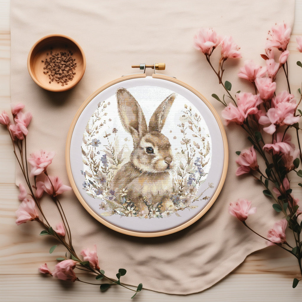 Cross Stitch Pattern With Easter Bunny, Modern Cross Stitch Designs, Easter Embroidery Pattern, Spring Cross Stitch Pattern, Floral Pattern