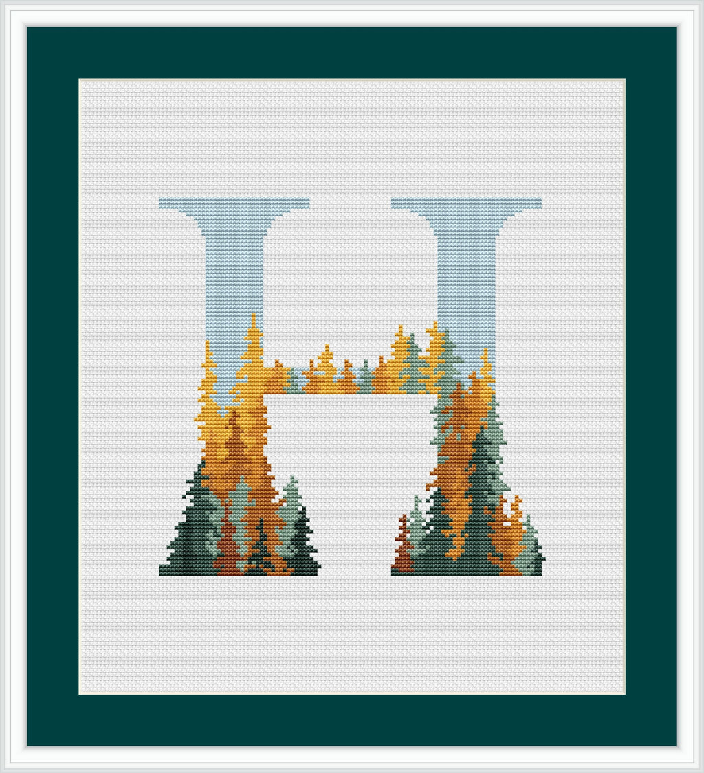 Monogram Cross Stitch Pattern Counted Autumn Forest Name Embroidery Pattern PDF Modern Alphabet Letter H Cross Stitch Digital Download