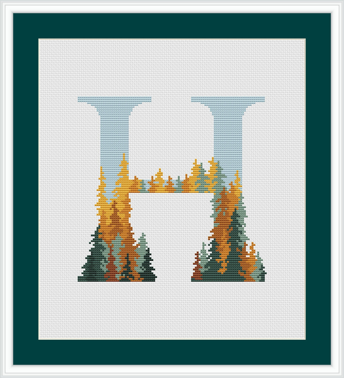 Monogram Cross Stitch Pattern Counted Autumn Forest Name Embroidery Pattern PDF Modern Alphabet Letter H Cross Stitch Digital Download