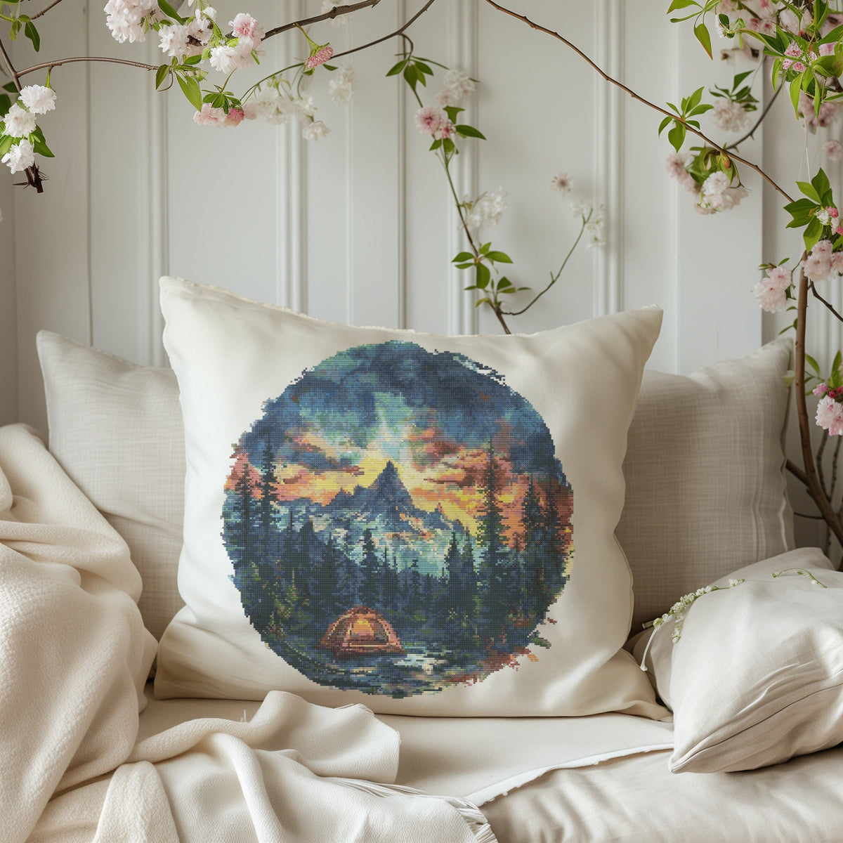 Camping Cross Stitch Pattern, Nature Cross Stitch Design, Forest Landscape Embroidery Pattern, Counted, Cross Stitch Chart With Mountains