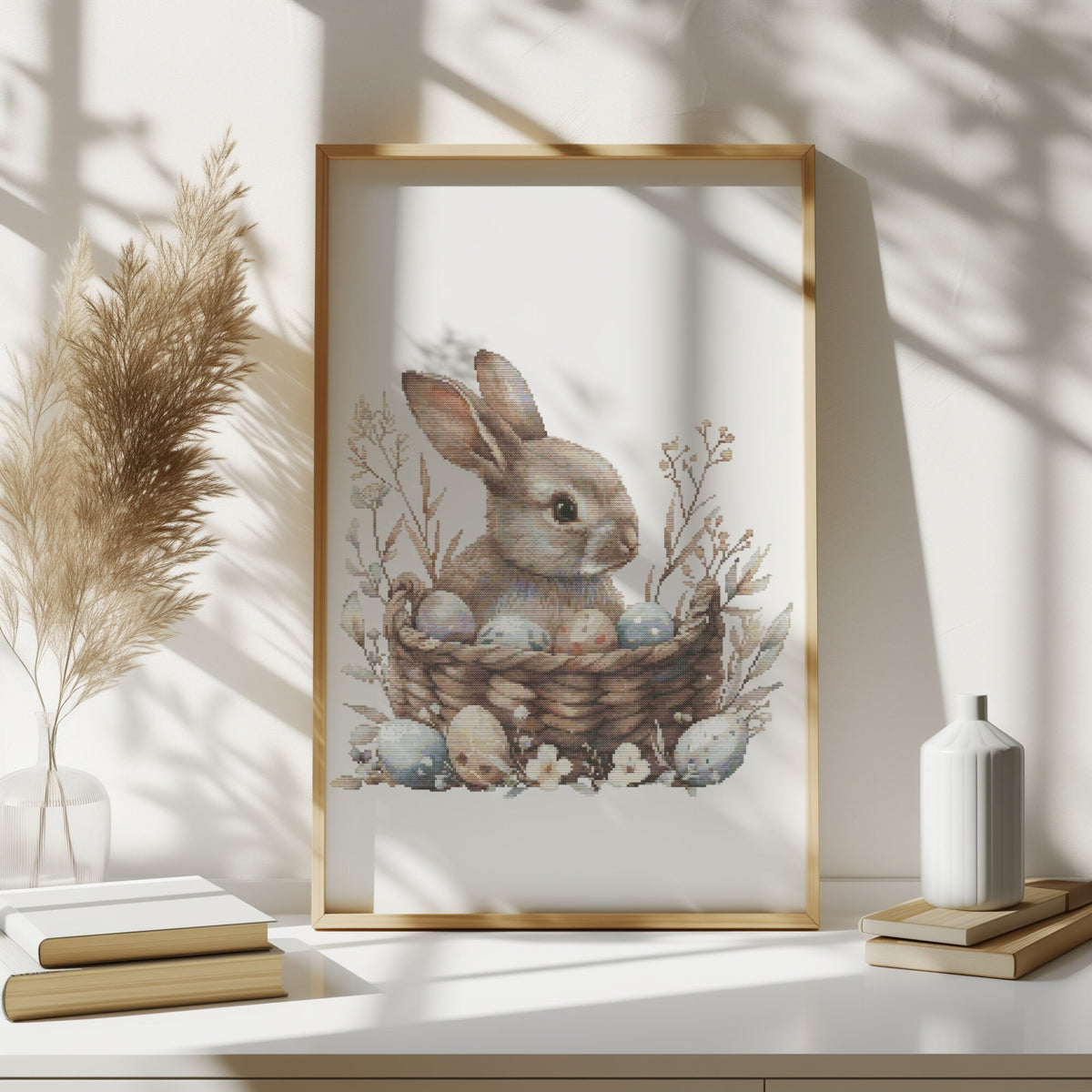 Cross Stitch Pattern With Easter Bunny, Modern Cross Stitch Designs, Easter Embroidery Pattern, Spring Cross Stitch Pattern, Floral Pattern