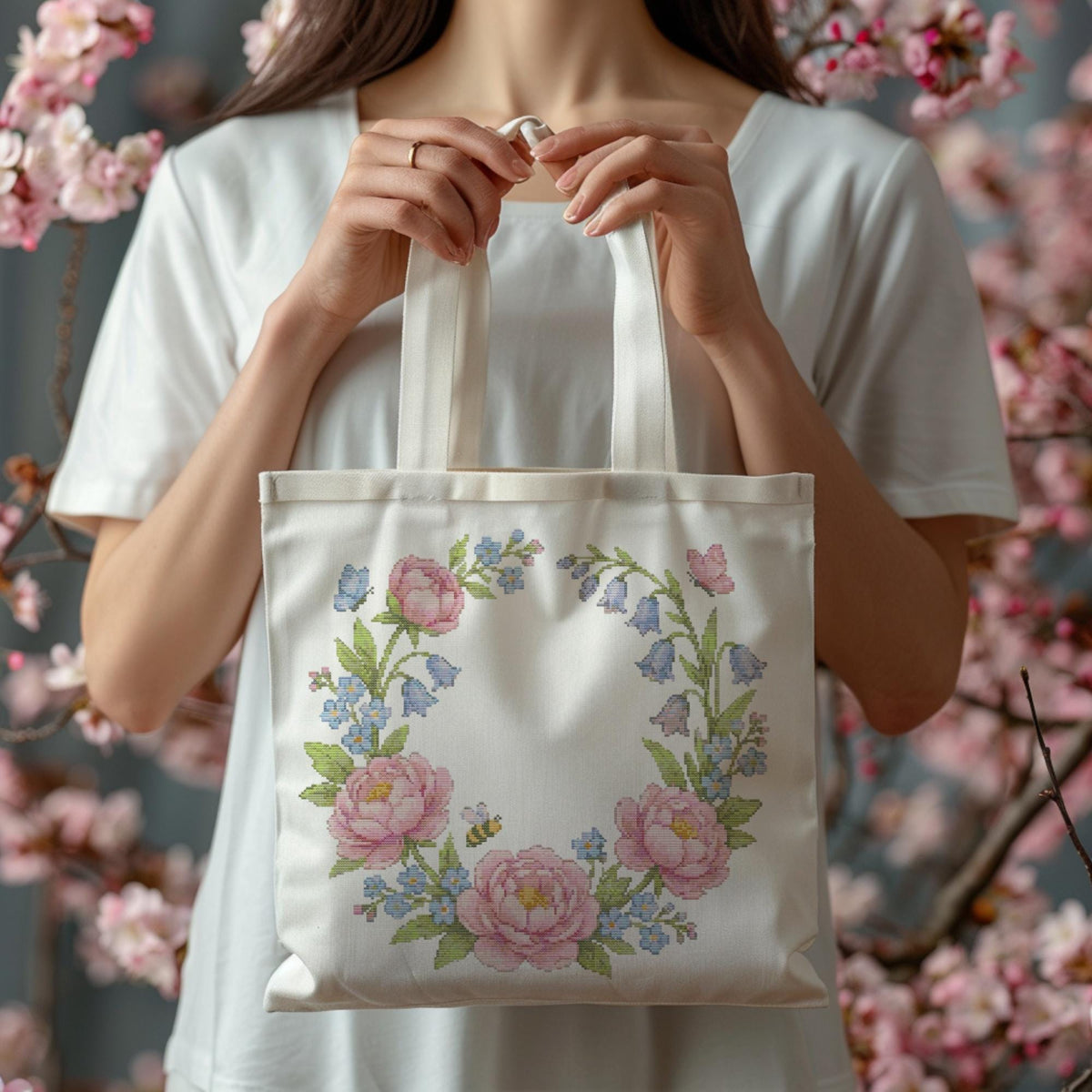 Cross Stitch Pattern PDF With Floral Wreath, Counted Embroidery Pattern, Watercolor Flower Cross Stitch Chart, Unique Mother's Day Gifts