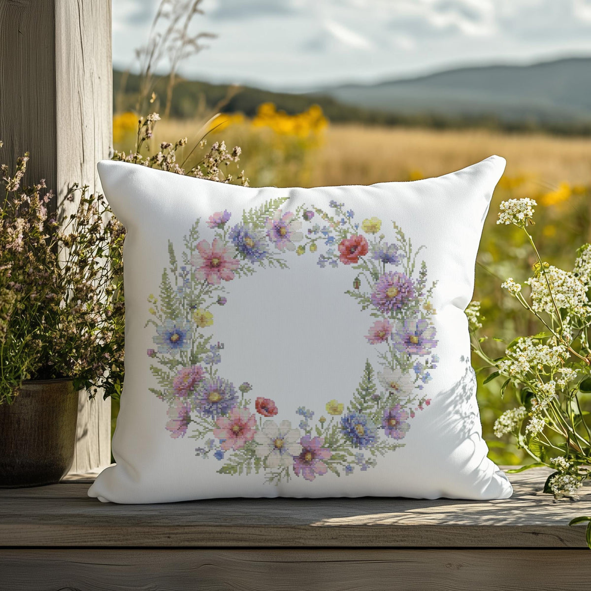 Cross Stitch Pattern With Floral Wreath, Counted Cross Stitch, Watercolor Embroidery PDF, Wildflower Cross Stitch Chart, Mother's Day Gift