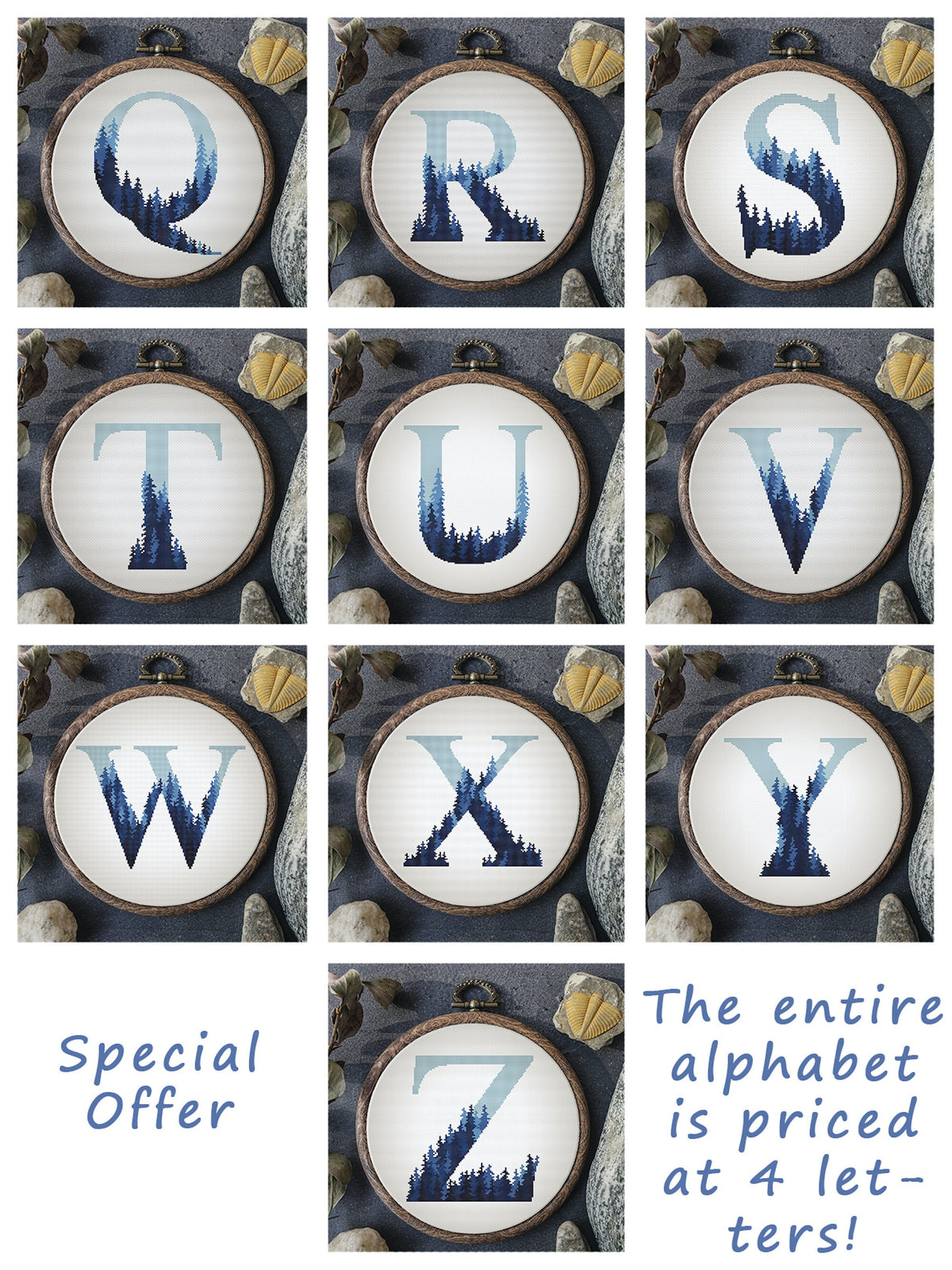 Forest Alphabet Cross Stitch Pattern Counted Blue Letters Cross Stitch Chart Name Embroidery With Trees Digital Downloads