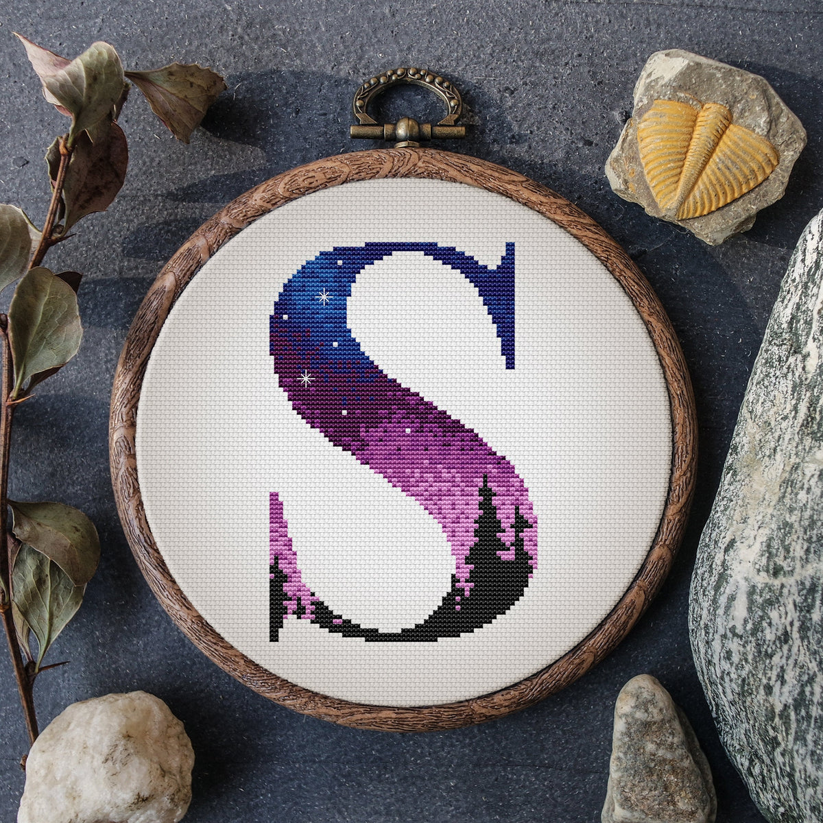 Letter S Cross Stitch Pattern PDF, Counted, Forest Monogram S Cross Stitch Sampler, Personalized Pattern Family Name Embroidery File