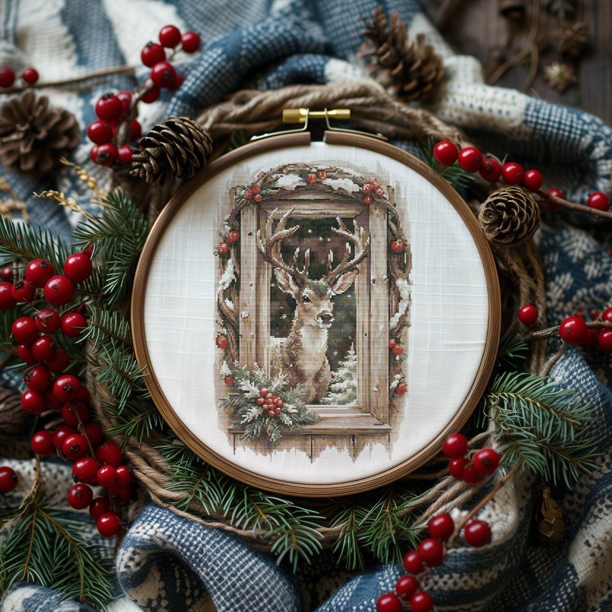 Deer Cross Stitch Pattern Pdf, Counted, Christmas Embroidery Design, Winter Cross Stitch Chart, Watercolor Cross Stitch Art, Compatible With Pattern Keeper