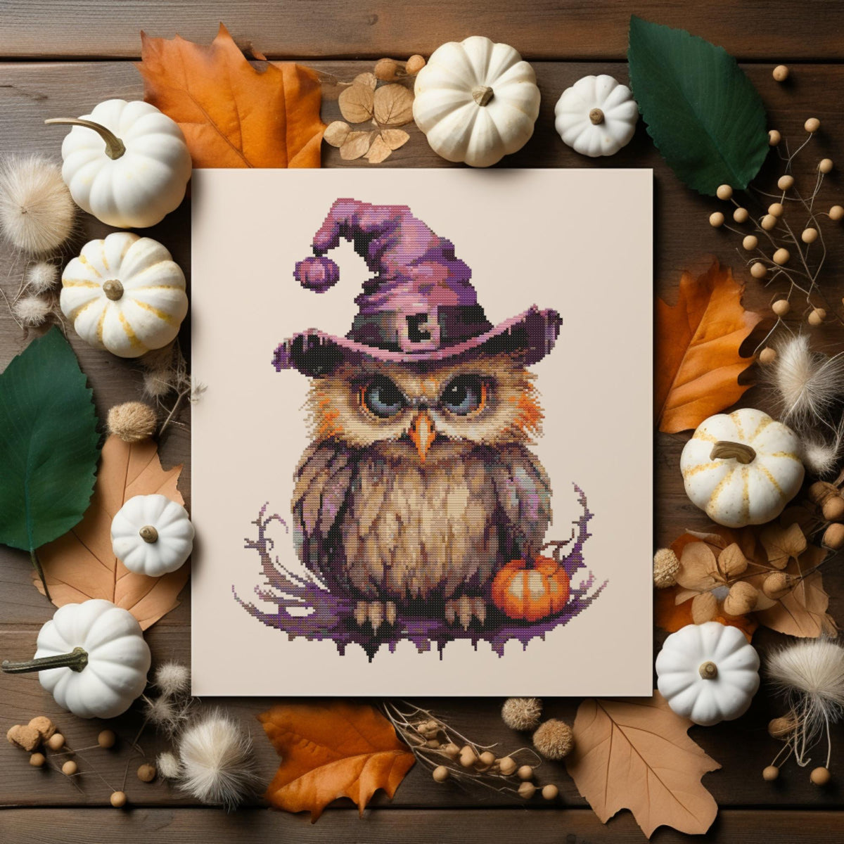 Halloween Cross Stitch Pattern With Cute Owl, Counted, Fall Cross Stitch Designs, Autumn Cross Stitch Chart, Nature Embroidery Pattern